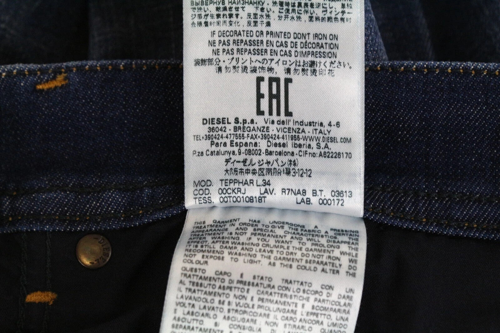 DIESEL Tepphar R7NA8 Men's Jeans W30/L34 Slim Carrot Fit Blue Stretch Distressed