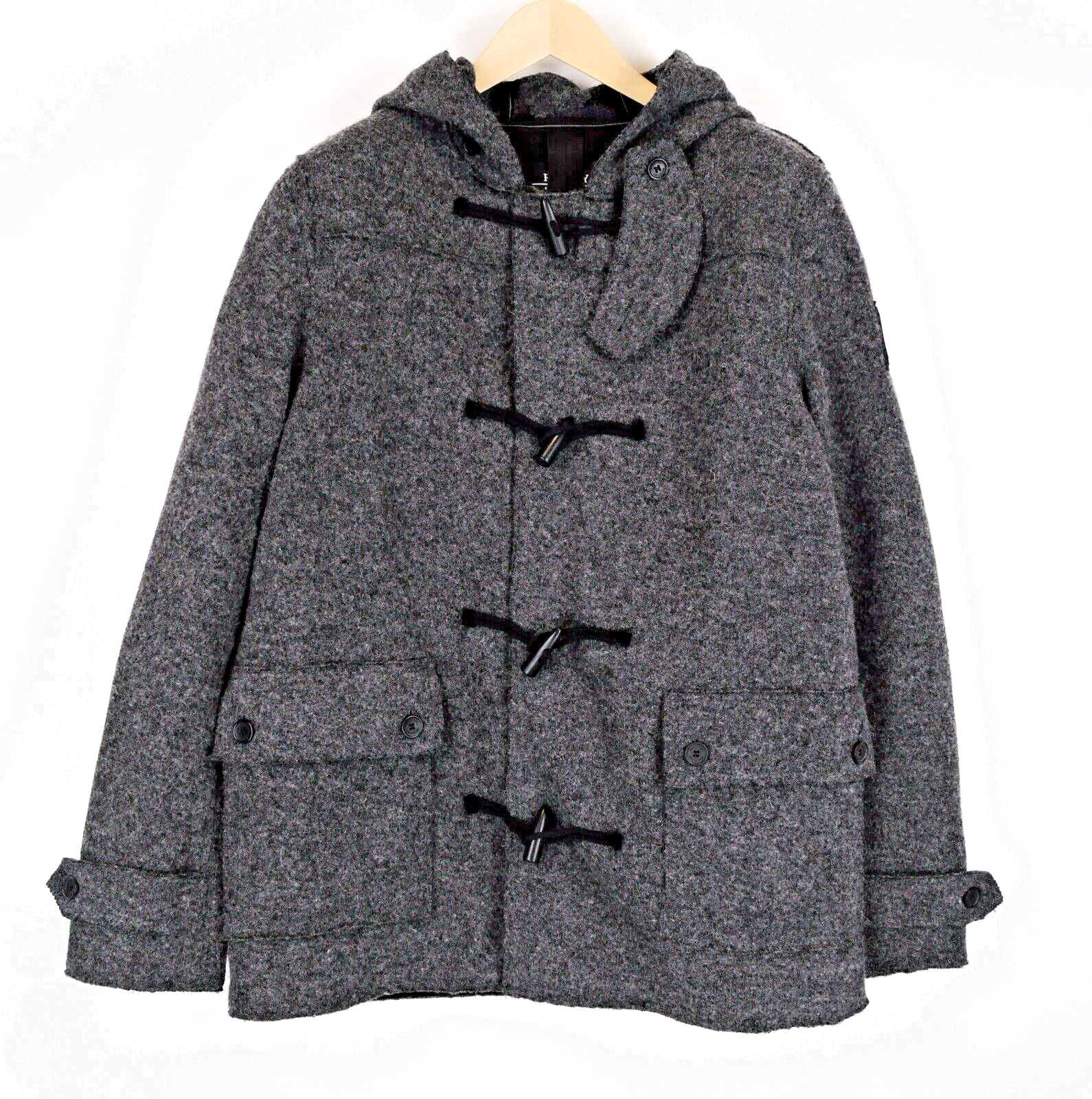 REPLAY Men Coat XL Grey Wool Hooded Single-Breasted Long Sleeve Snap Fasten