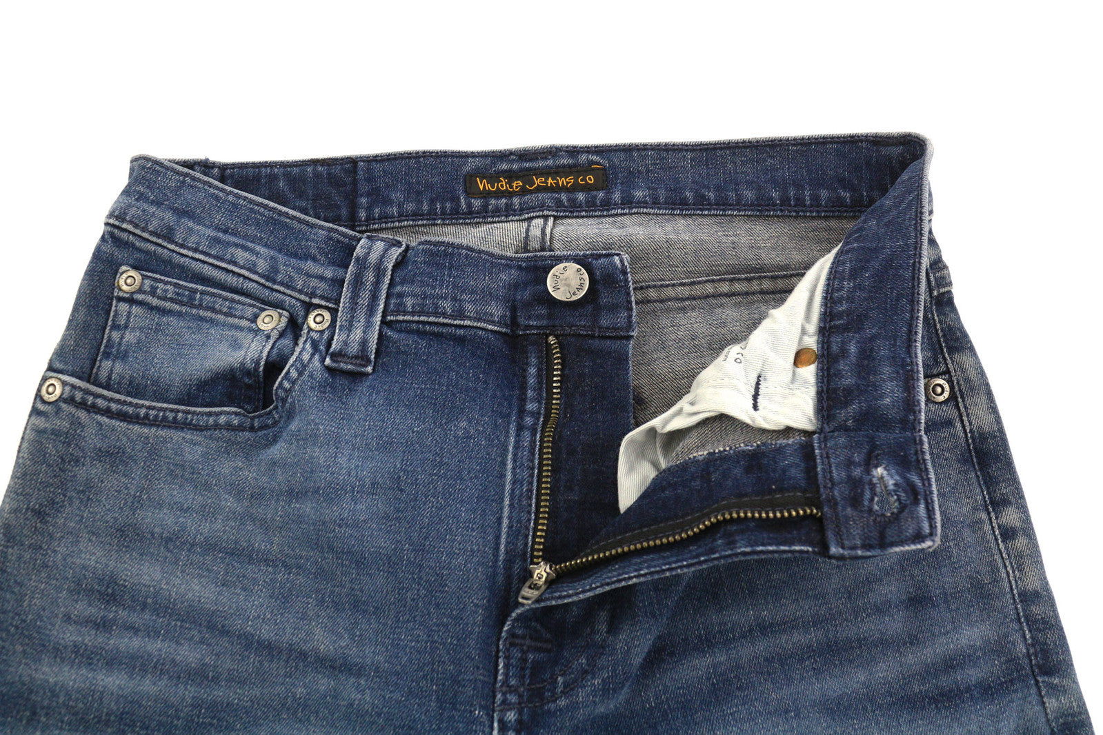 NUDIE JEANS High Kai Men Jeans W28/L32 Navy Falls Organic Zip Fly Washed Denim