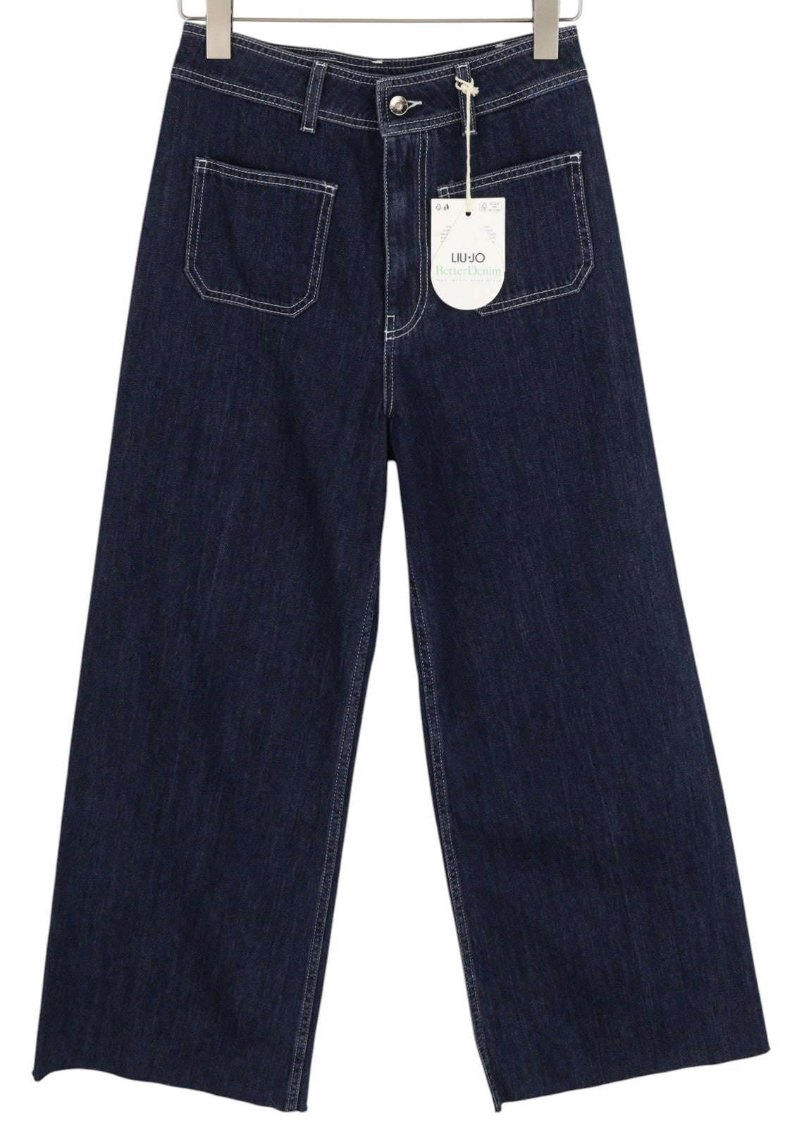 LIU JO Flare Patch Pocket Women Jeans W28 Unfinished Hems Zip Dark Blue Denim