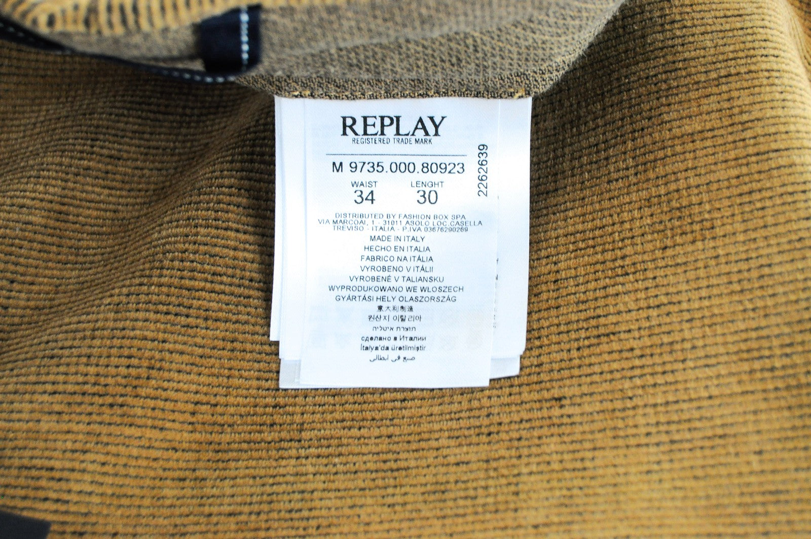 REPLAY Trousers Men's W34 L30 Brown Corduroy Cotton Stretch Regular Fit