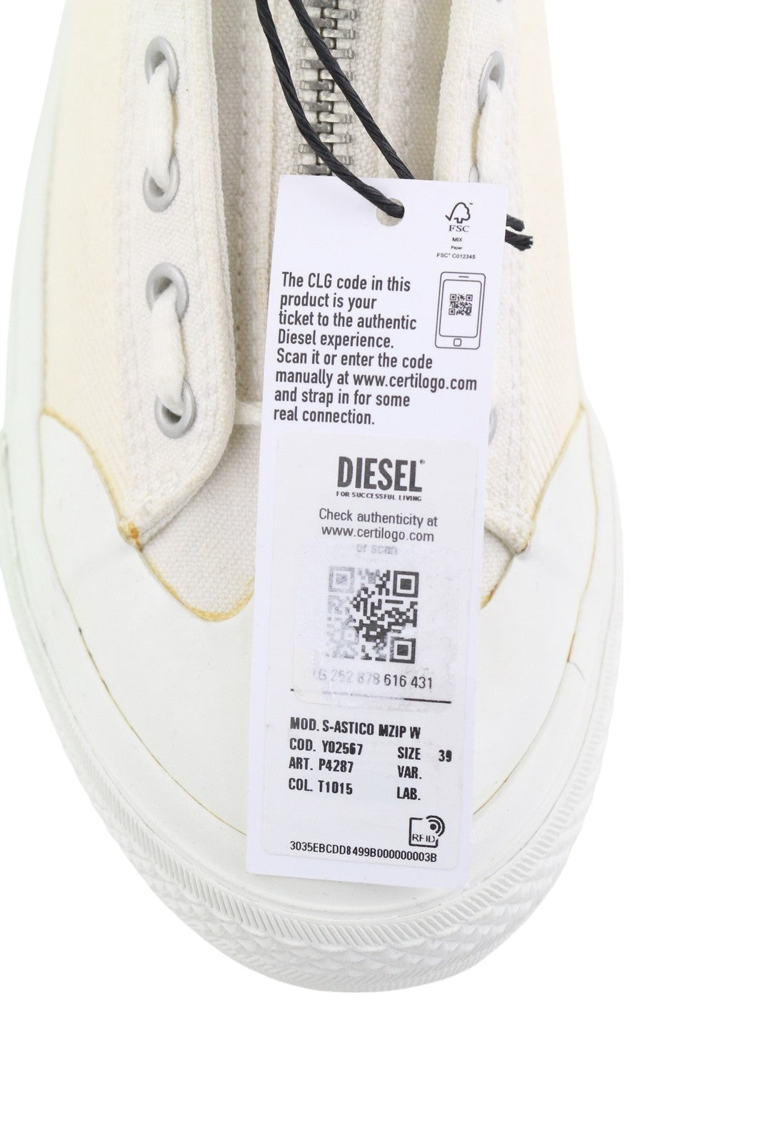 DIESEL S-Astico Mzip W Women Sneakers EU39 White Lace Up Almond Toe RRP€180