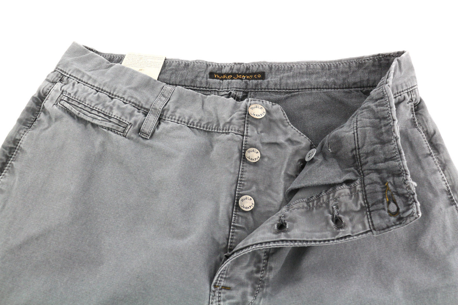 NUDIE JEANS Khaki Regular Men Trousers W30/L34 Canvas Sail Cloth Buttoned Grey