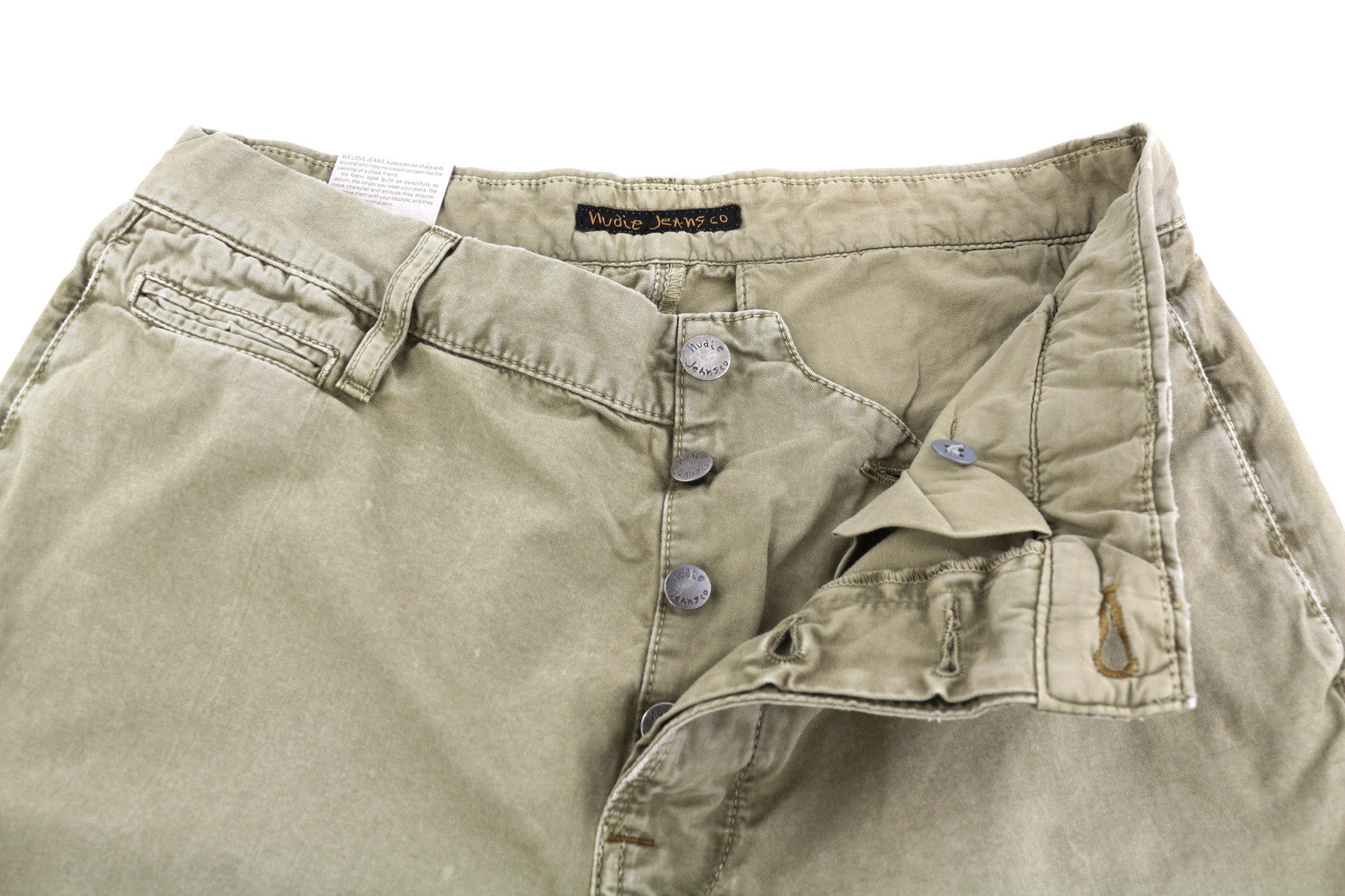 NUDIE JEANS Khaki Regular Men Trousers W30/L32 Beige Chino Button Fly Pockets