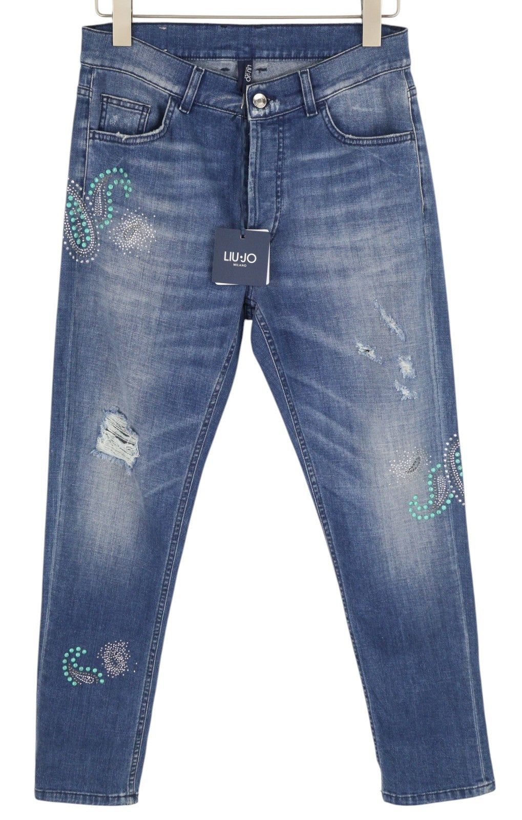 LIU JO Boy Every Day Women Jeans W28 Slim Fit Beaded Rhinestone Washed Blue