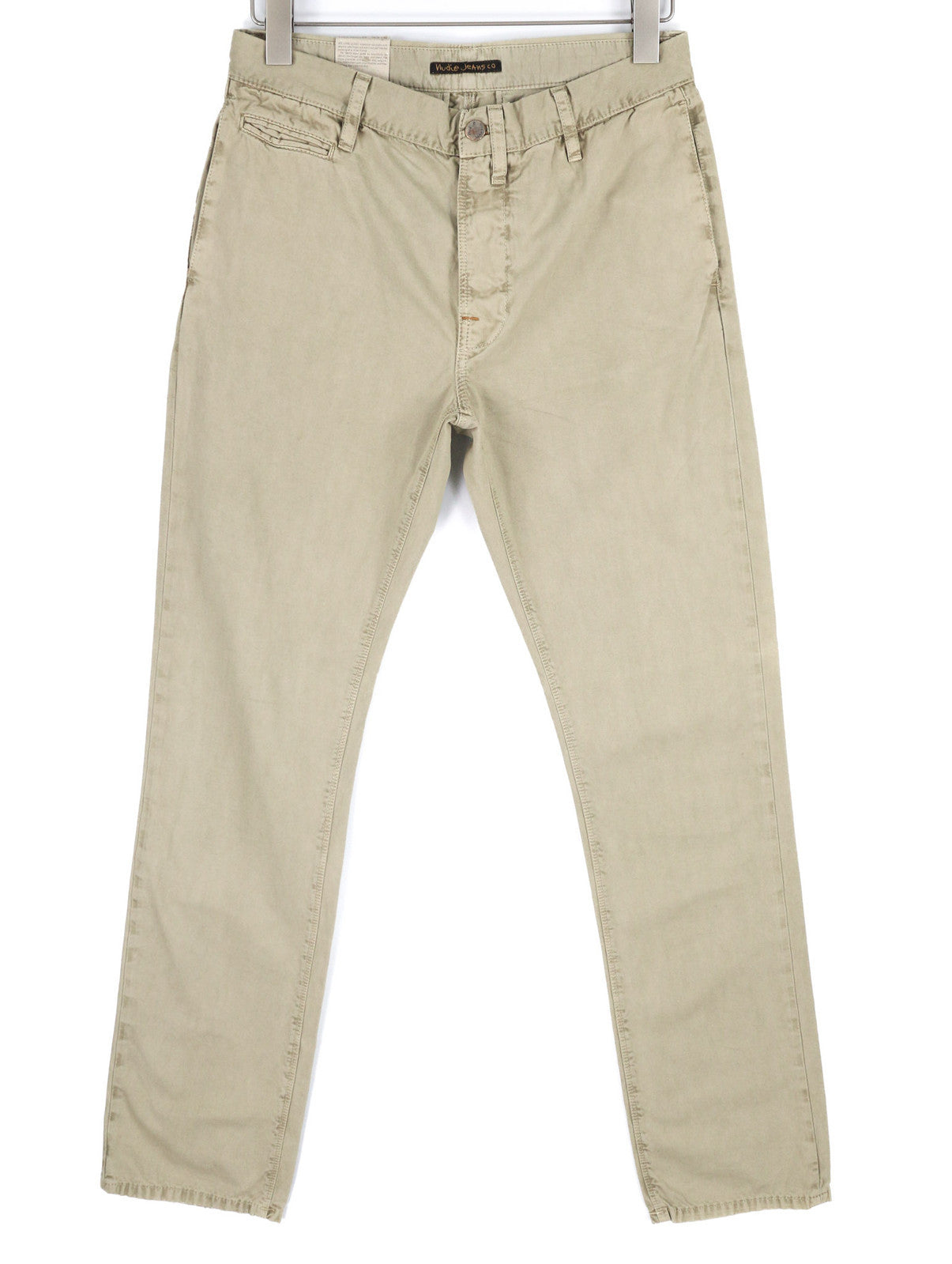 NUDIE JEANS Khaki Regular Men Trousers W29/L32 Beige Chino Button Fly Pockets