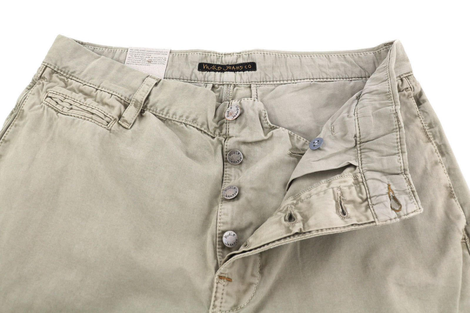 NUDIE JEANS Khaki Regular Men Trousers W29/L32 Beige Chino Button Fly Pockets