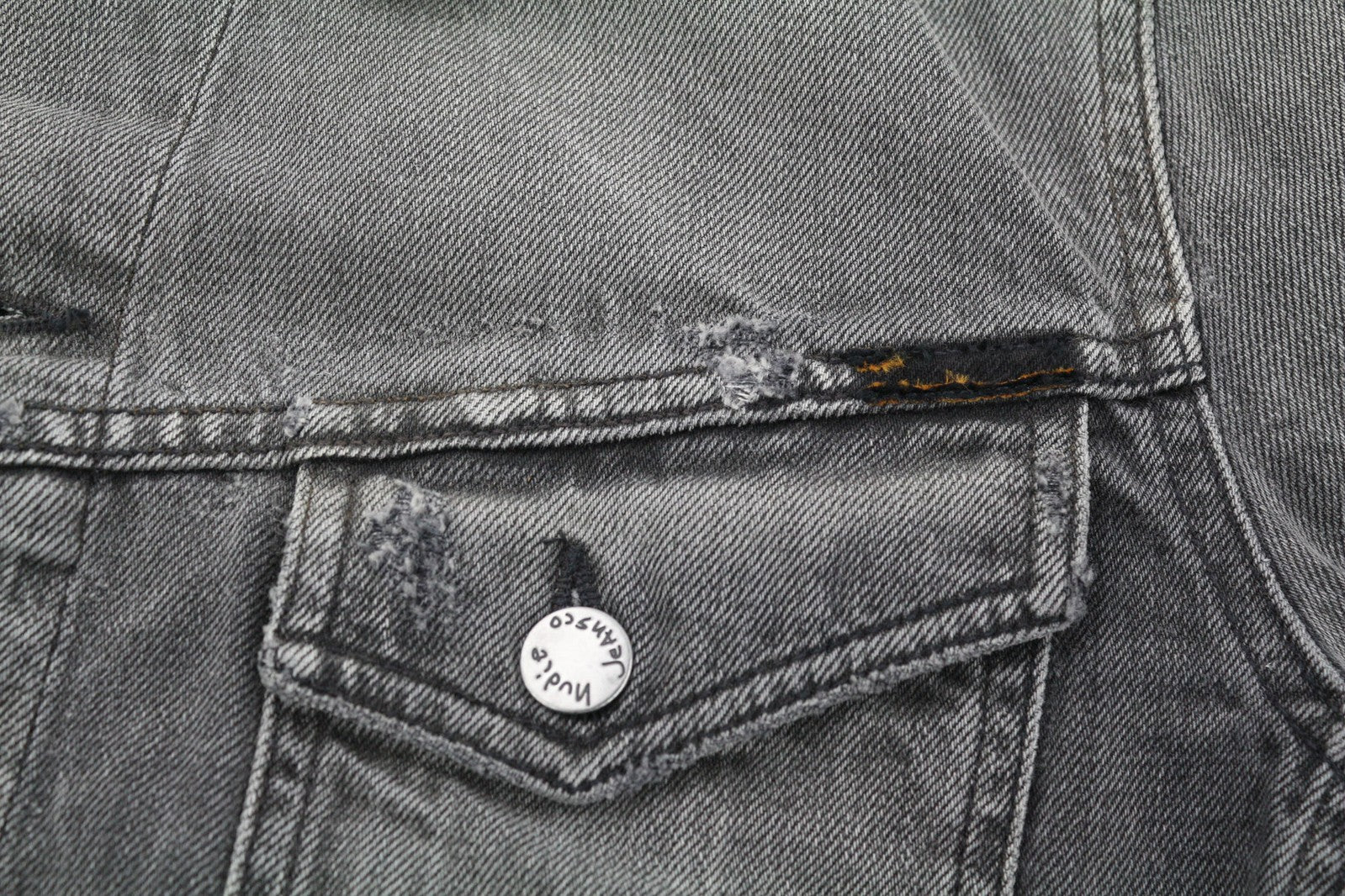 NUDIE JEANS Men Jacket M Grey Denim Washed Buttoned Spread Neck Pockets Logo