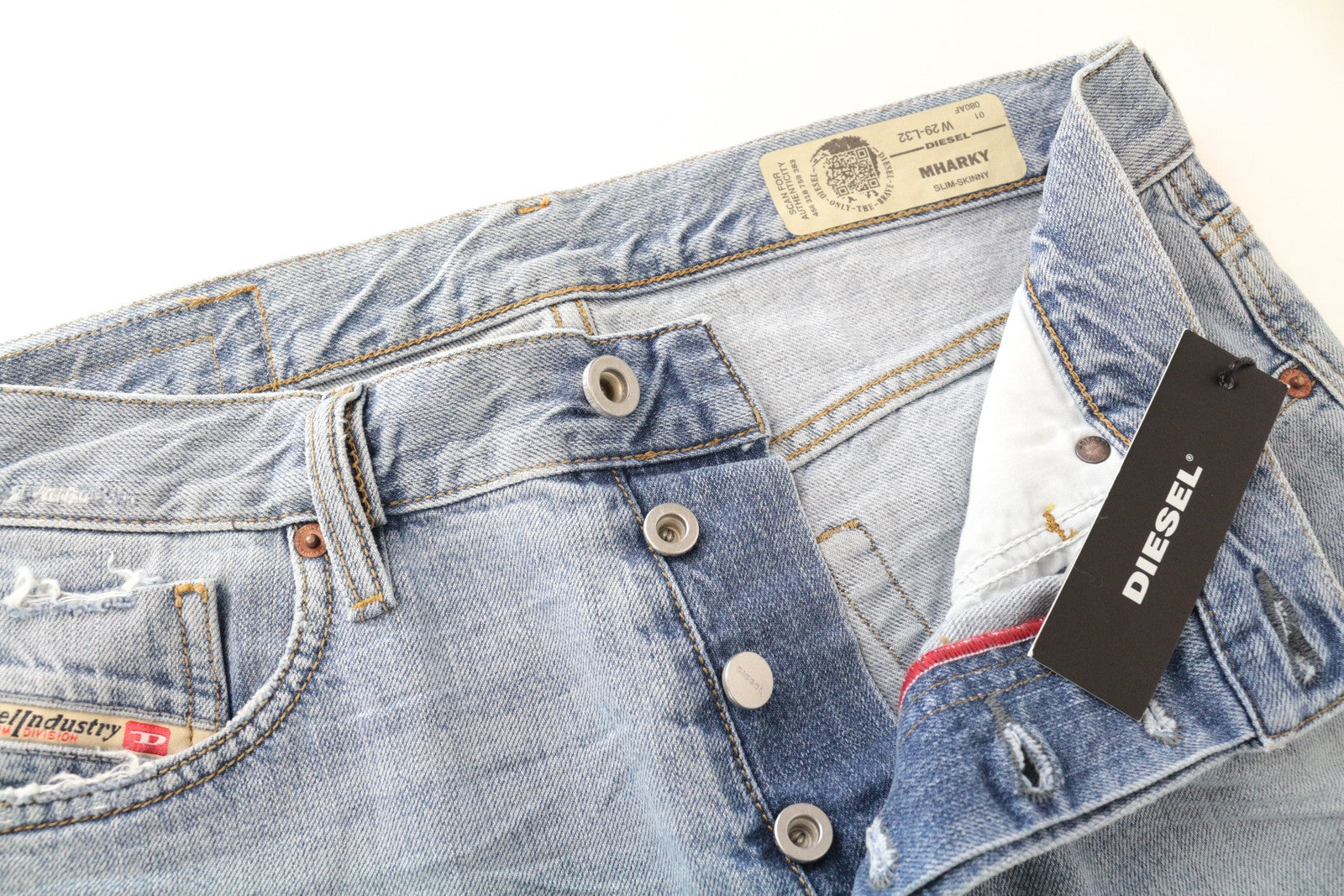 DIESEL Mharky 080AF Men's W29/L32 Jeans Skinny Blue Ripped Fit Cotton Denim