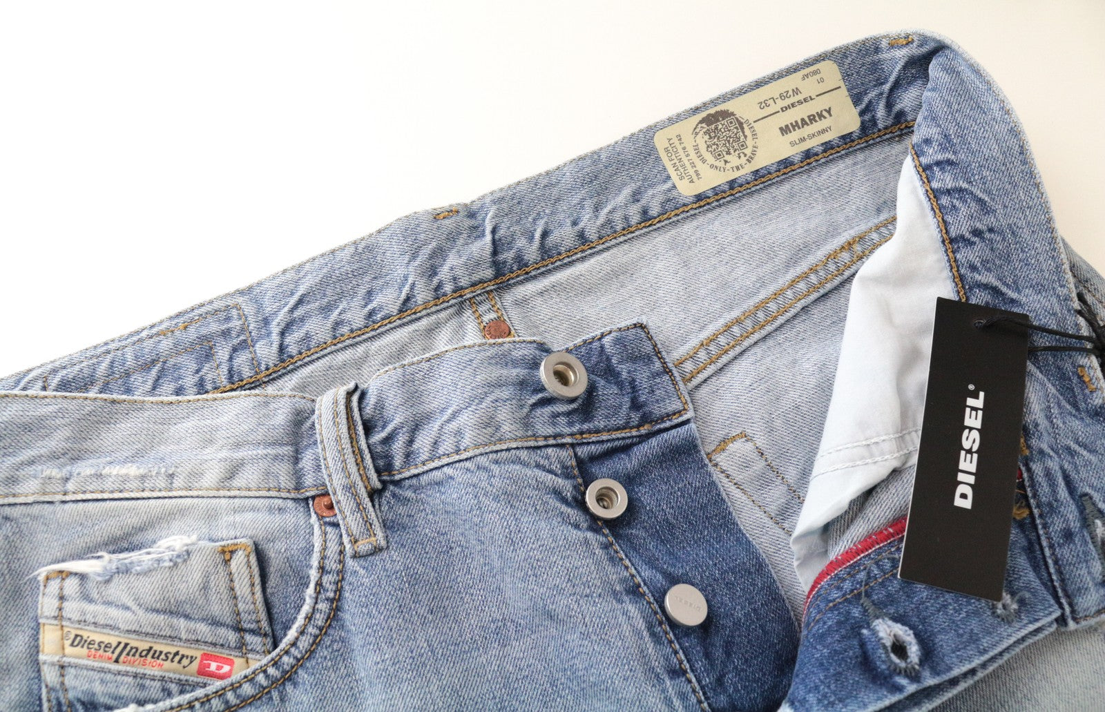 DIESEL Mharky 080AF W29/L32 Blue Cotton Ripped Skinny Fit Jeans for Men's Washed