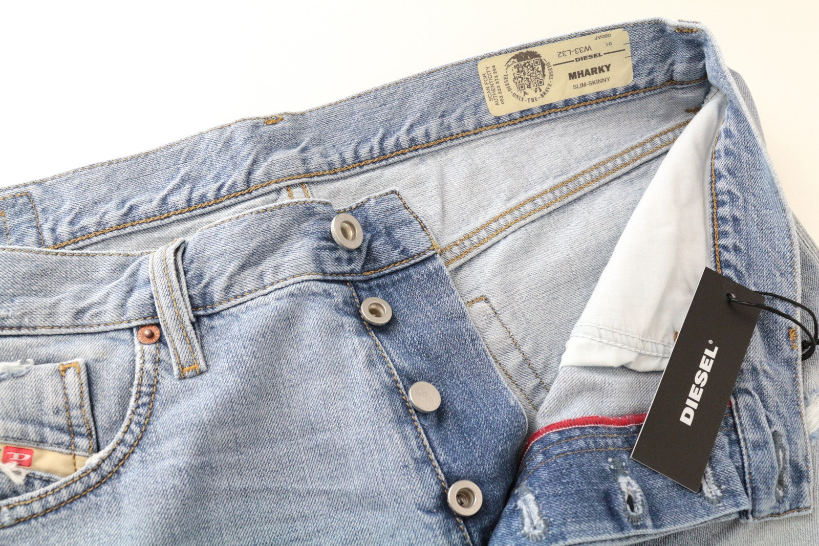 DIESEL Mharky 080AF Distressed Wash W33/L32 Blue Cotton Skinny Fit Men's Jeans