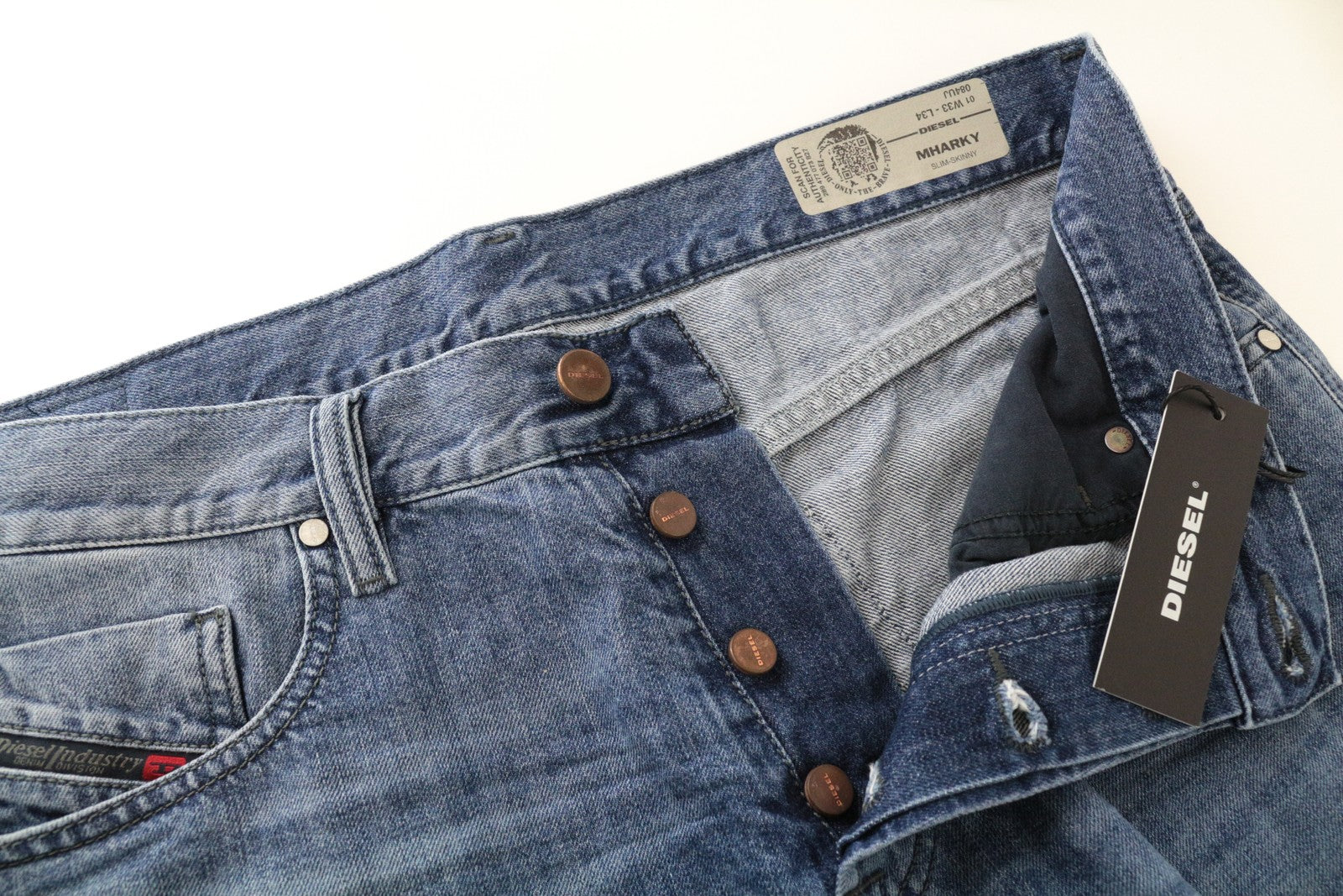 DIESEL Mharky 084UJ W33/L34 Blue Washed Cotton Denim Jeans Men's Skinny Fit