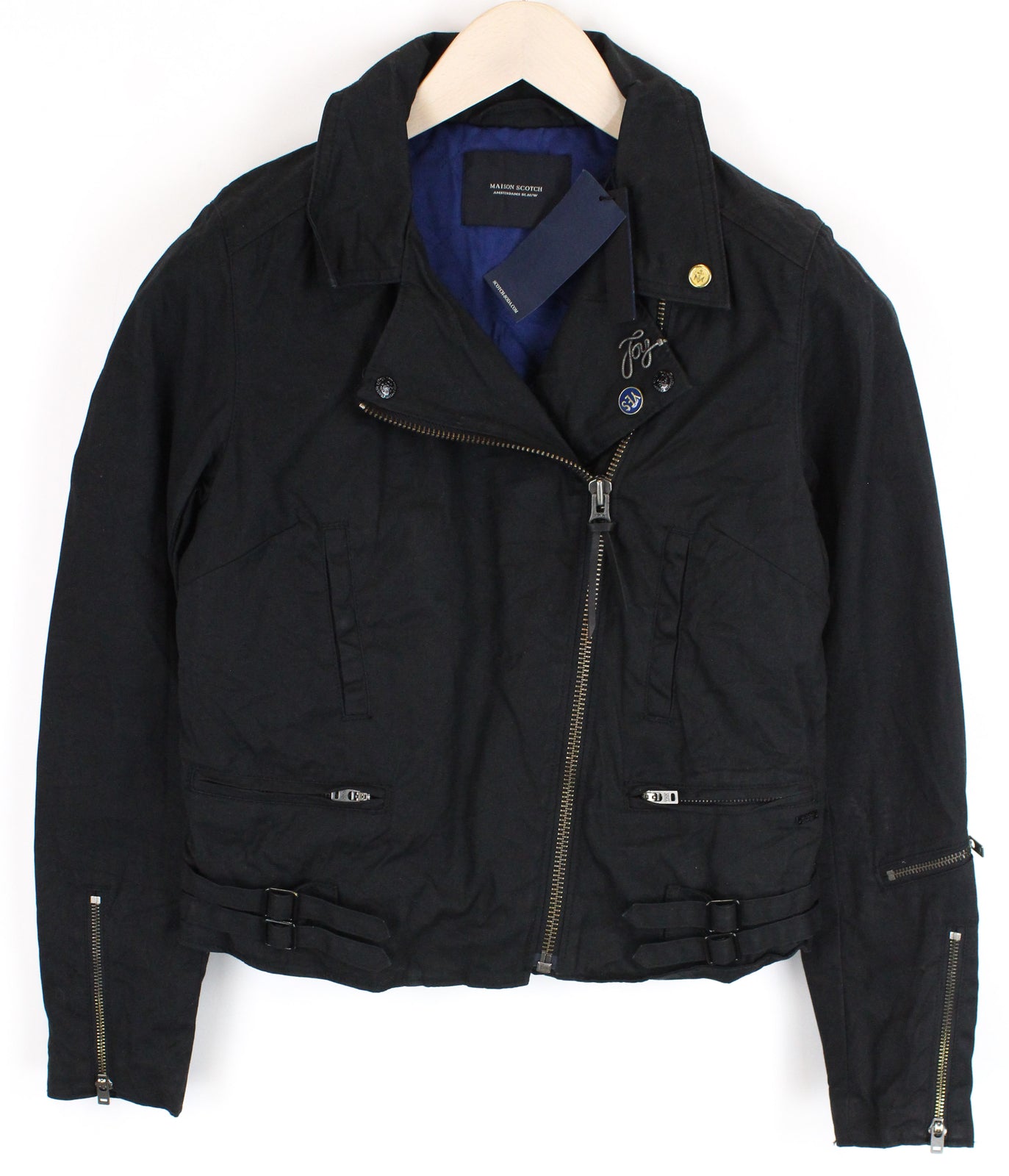 MAISON SCOTCH Women Jacket M/L Black Cropped Pin Plain Logo Biker Style