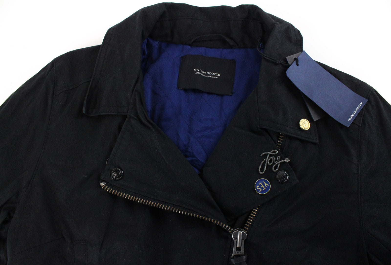 MAISON SCOTCH Women Jacket M/L Black Cropped Pin Plain Logo Biker Style