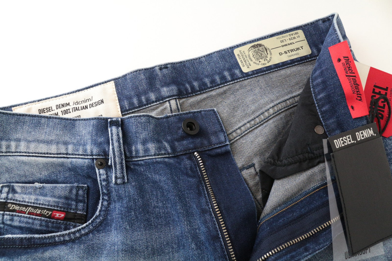 DIESEL D-Strukt 081AQ W29/L30 Washed Stretch Blue Cotton Jeans Men's Tapered Fit