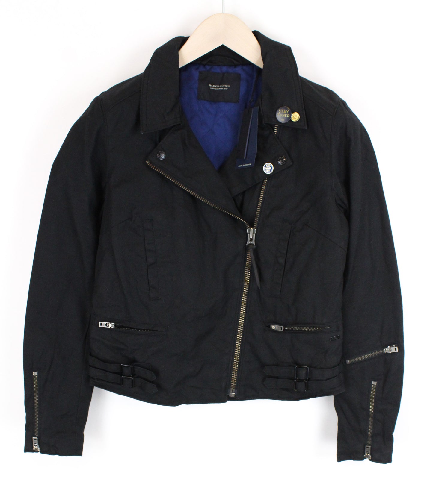 MAISON SCOTCH Women Jacket L Cropped Black Plain Logo Pin Biker Style