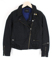 MAISON SCOTCH Women Jacket L Cropped Black Plain Logo Pin Biker Style