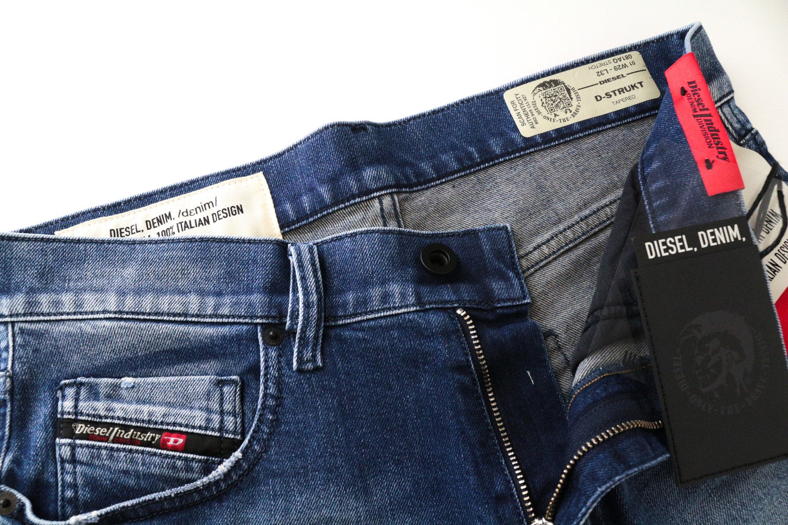 DIESEL D-Strukt 081AQ Ripped Blue Wash W29/L32 Taper Jeans Stretch Cotton Men's