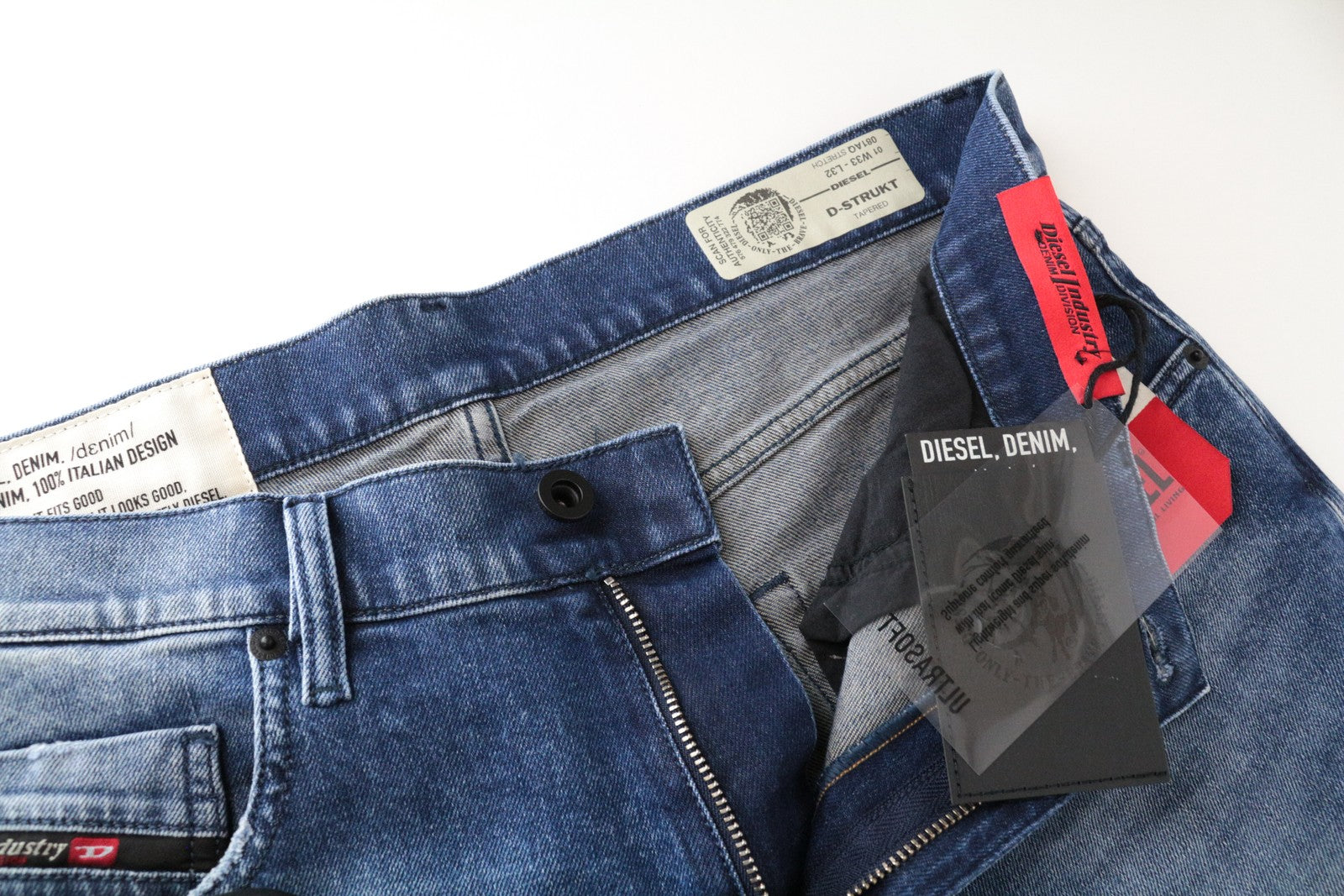 DIESEL D-Strukt 081AQ W33/L32 Washed Blue Denim Taper Jeans Cotton Stretch Men's