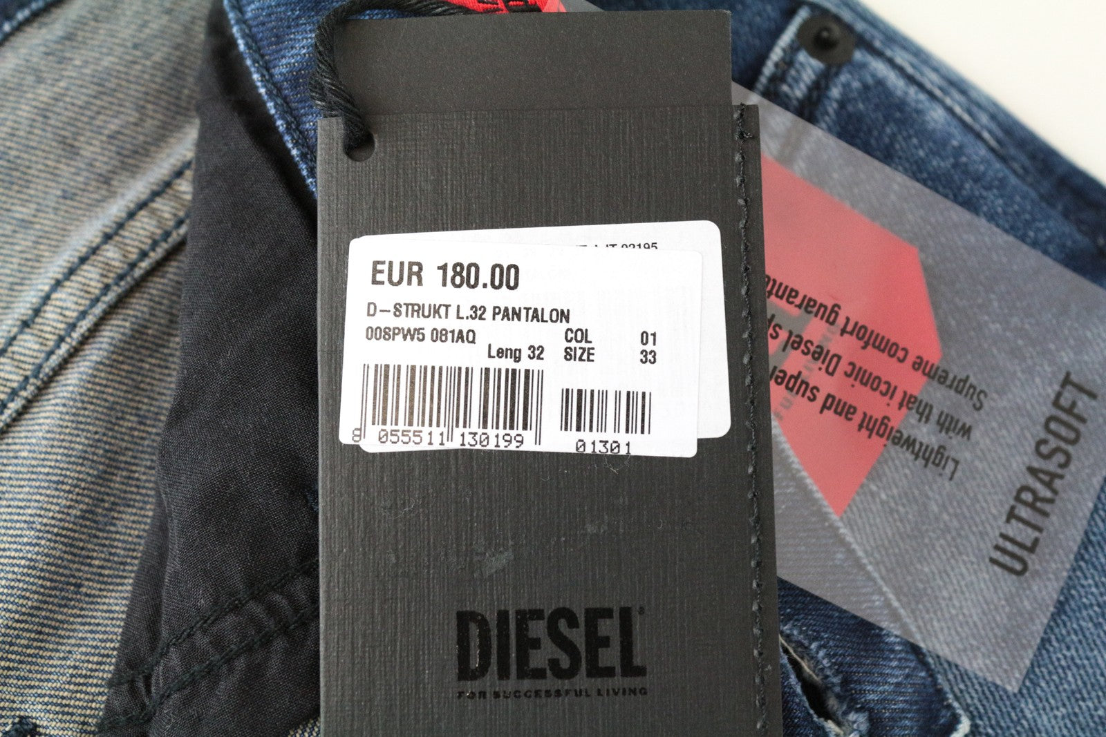 DIESEL D-Strukt 081AQ W33/L32 Washed Blue Denim Taper Jeans Cotton Stretch Men's