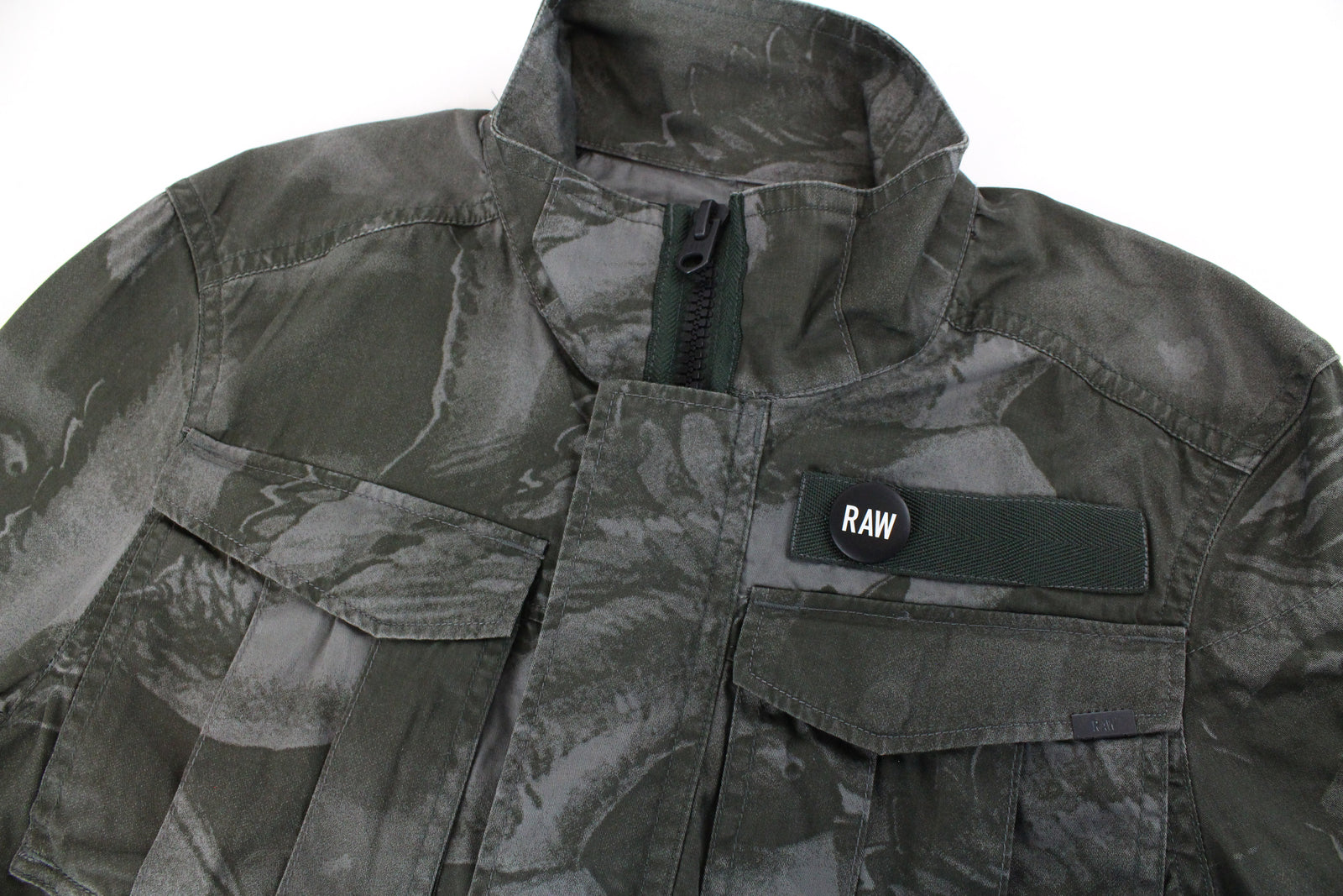 G-STAR Rovic Men Jacket XS Dark Green Overshirt Bird Pattern Twill Lined Zip-Up