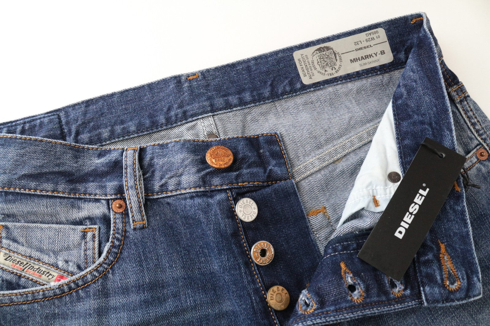 DIESEL Mharky-B 085AG W29/L32 Blue Cotton Wash Skinny Men's Jeans Plain Style