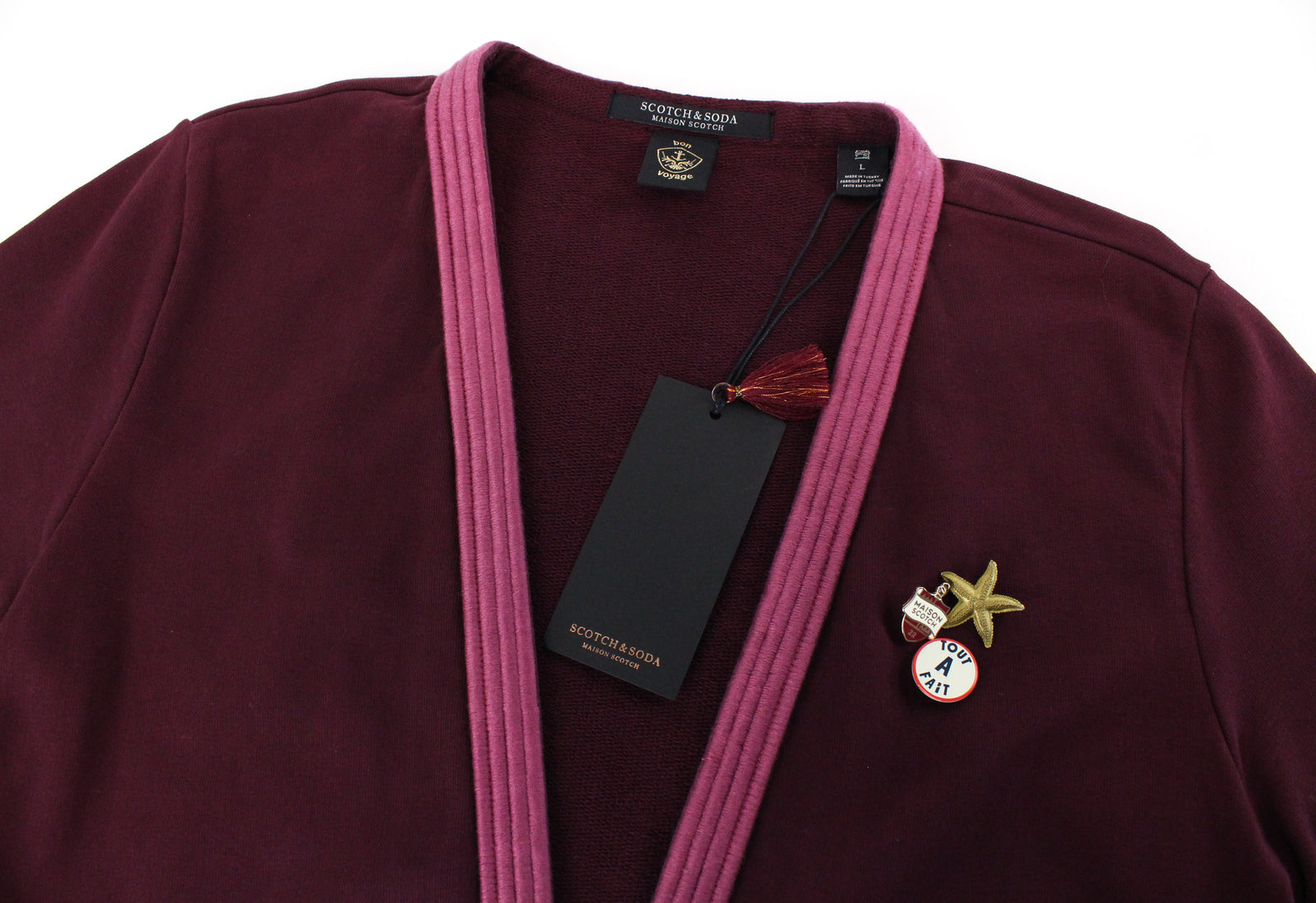 MAISON SCOTCH Bon Voyage Women Sweater L Open Cardigan Burgundy Tight-Knit