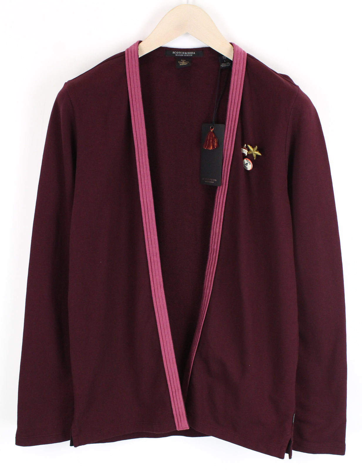 MAISON SCOTCH Bon Voyage Women Sweater L Open Cardigan Burgundy Tight-Knit