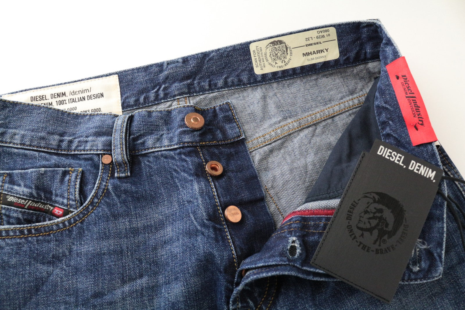 DIESEL Mharky 080AG W29/L32 Pure Cotton Jeans Button-Fly Blue Men's Skinny Style