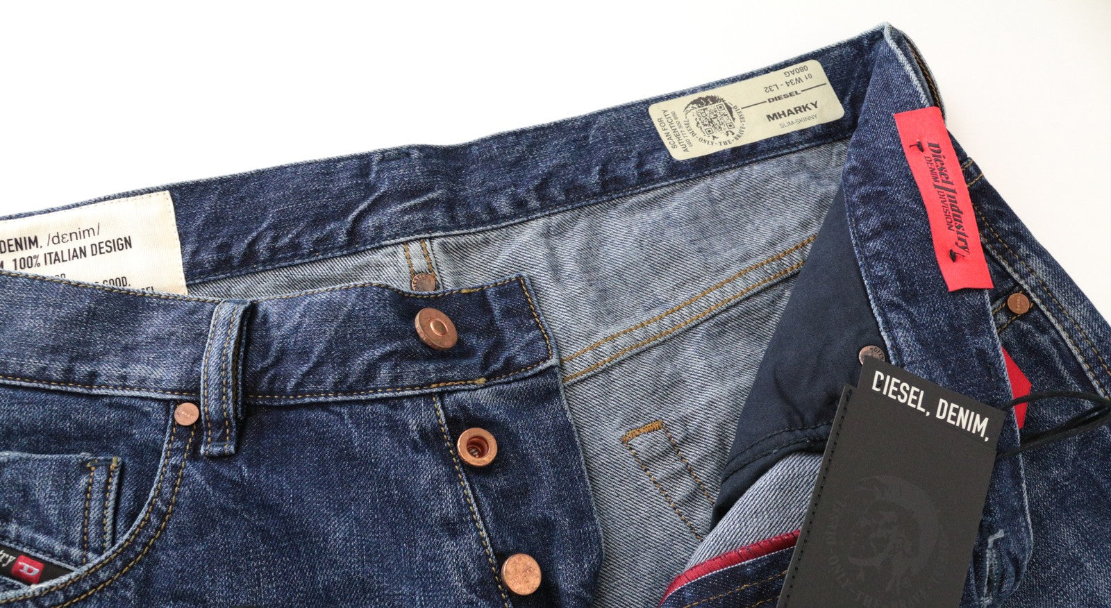 DIESEL Mharky 080AG W34/L32 Button Fly Jeans Slim Blue Cotton Skinny for Men's