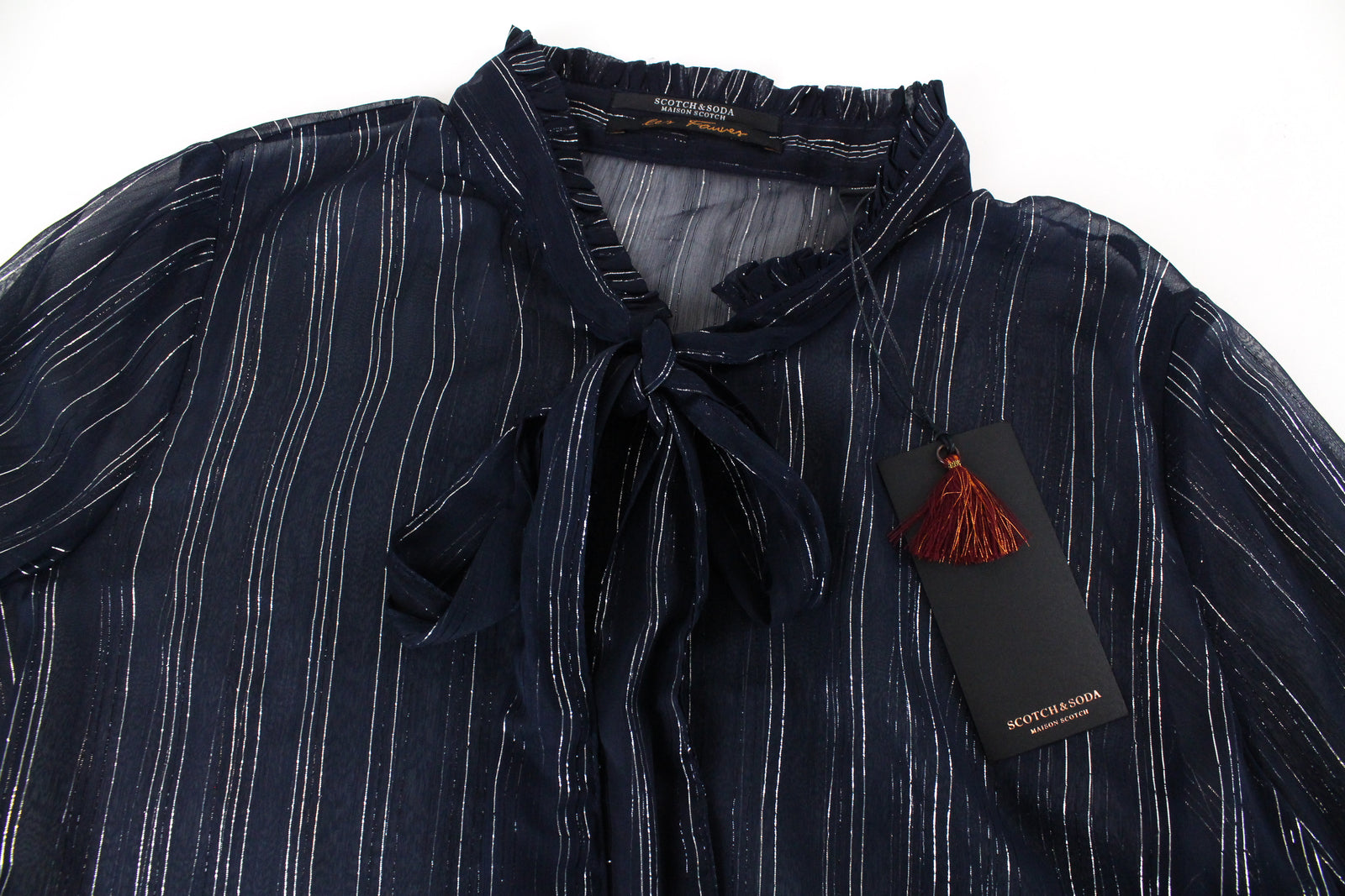 MAISON SCOTCH Women Shirt M Navy Striped Glittered Collared Bow-Tied Ruffled