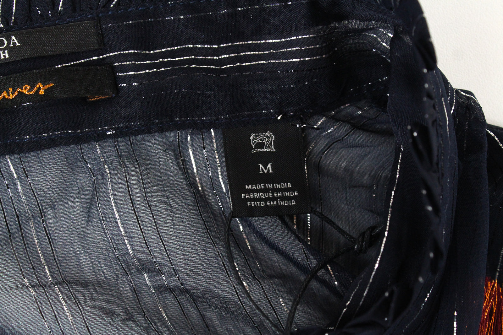 MAISON SCOTCH Women Shirt M Navy Striped Glittered Collared Bow-Tied Ruffled