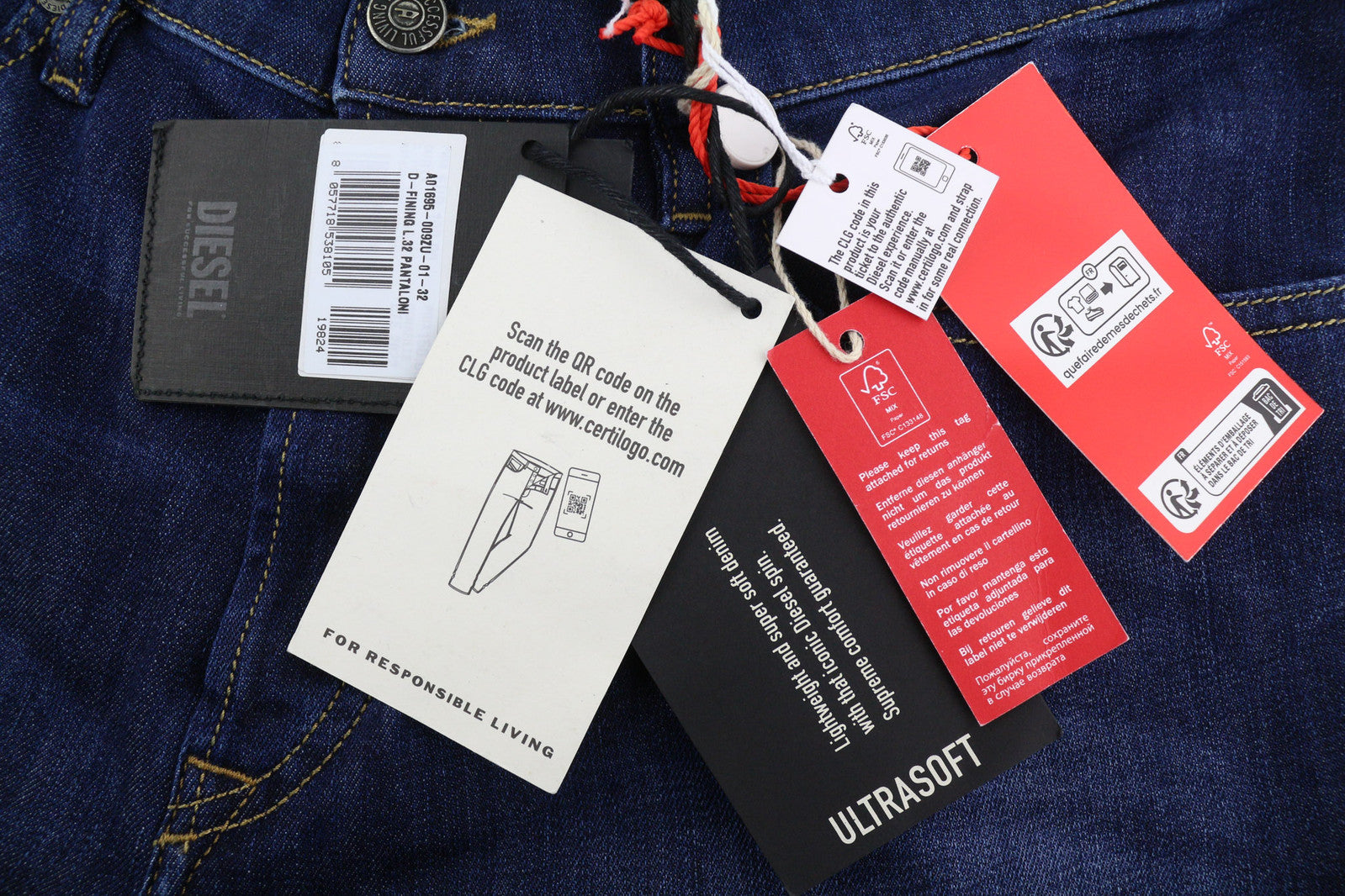 DIESEL D-Fining 009ZU Men Jeans W32/L32 Tapered Fit Stretch Washed Denim Blue