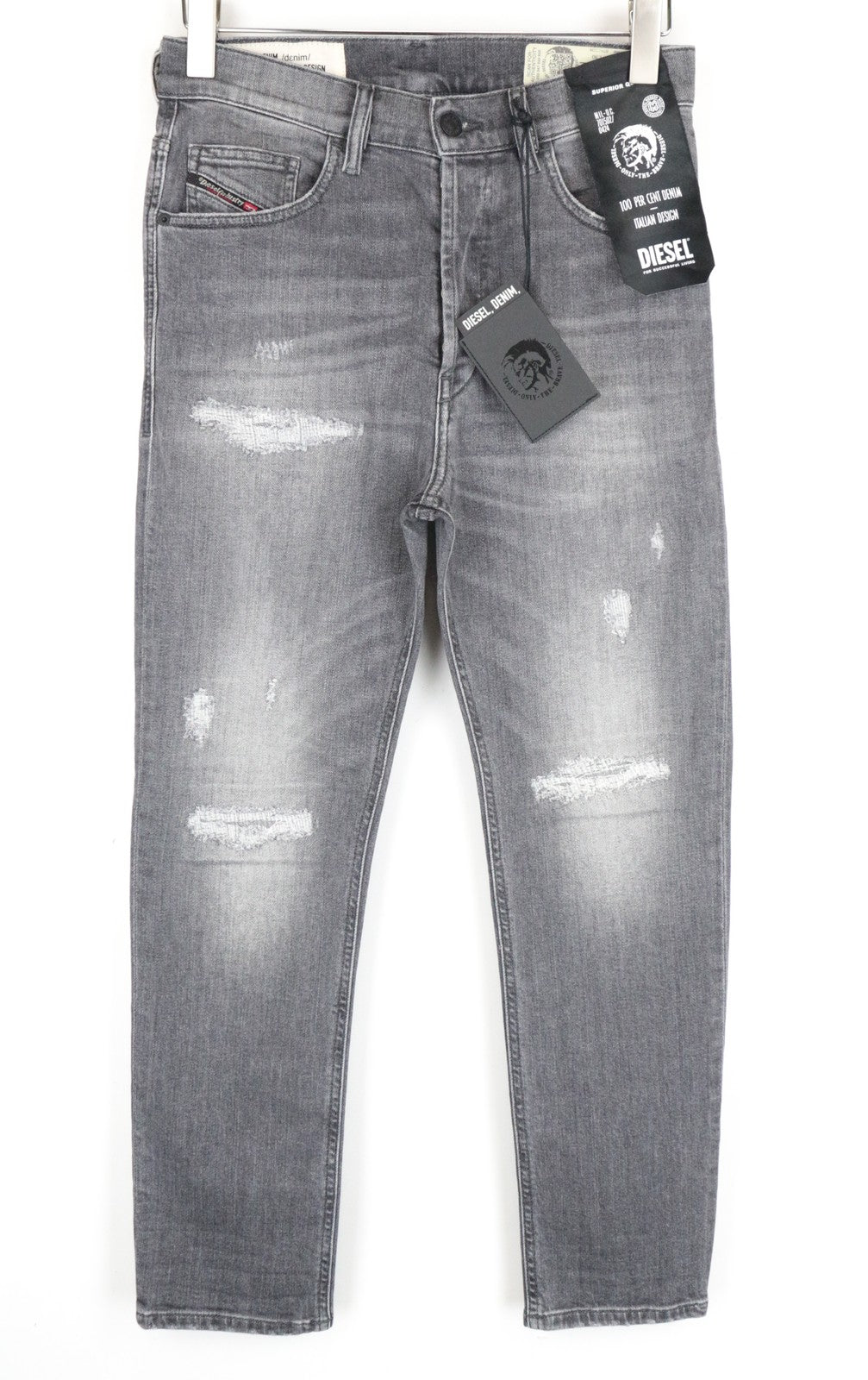 DIESEL D-Eetar 0890F W28/L30 Ripped Grey Tapered Jeans for Men's Stretch Cotton