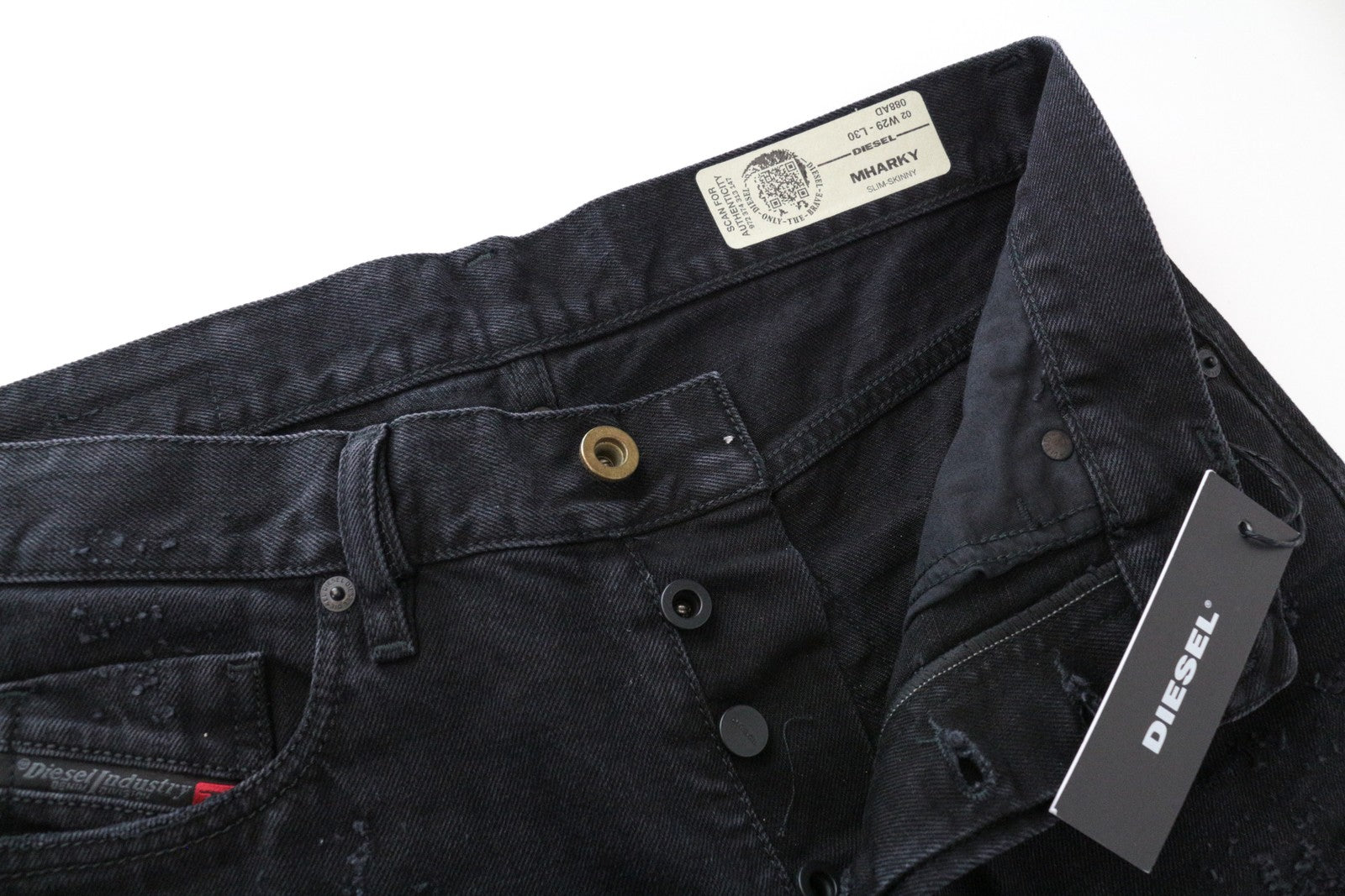 DIESEL Mharky 088AD W29/L30 Black Jeans Cotton Distressed Fit Skinny for Men's