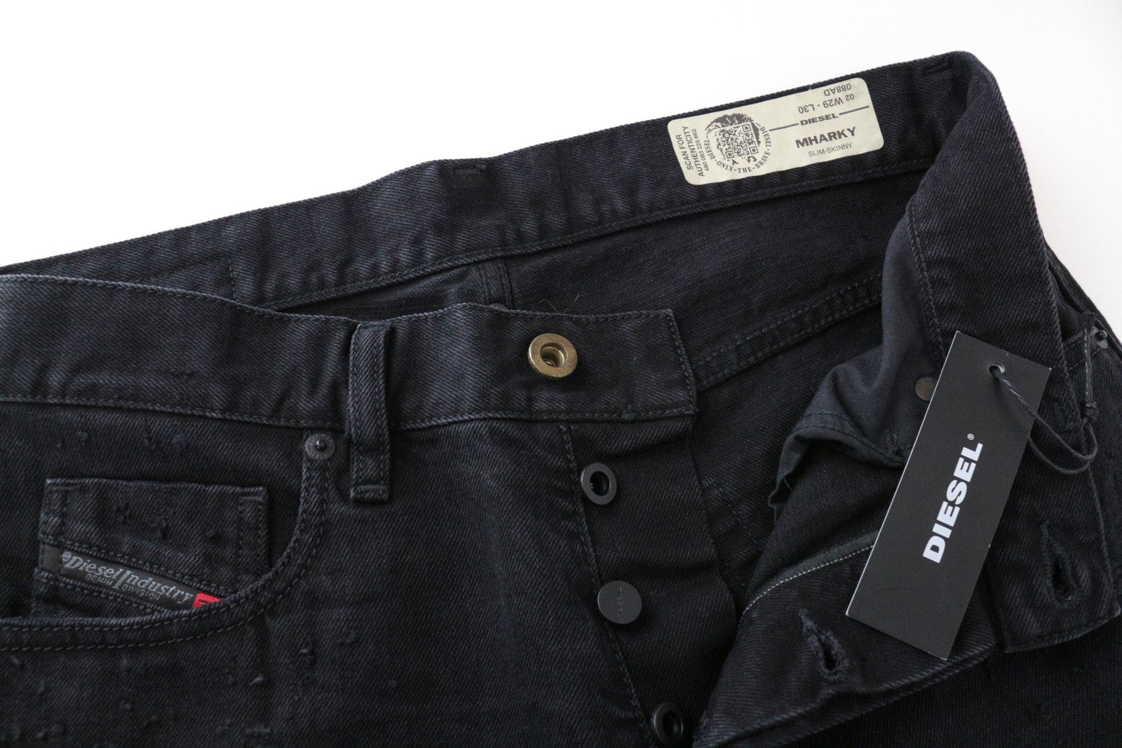 DIESEL Mharky 088AD W29/L30 Black Ripped Jeans Men's Cotton Fit Denim Skinny