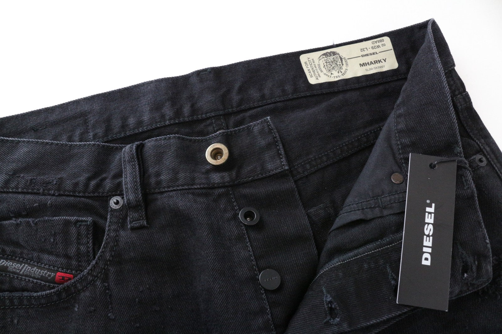 DIESEL Mharky 088AD W29/L32 Black Denim Ripped Jeans Cotton Skinny for Men's