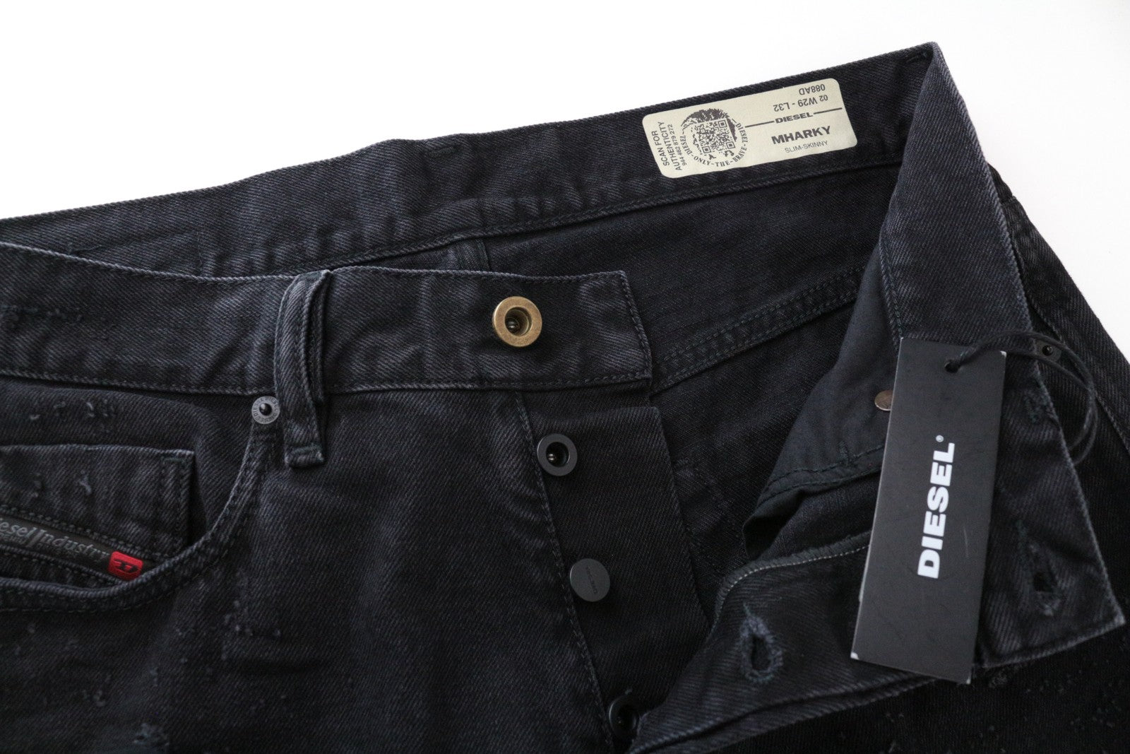 DIESEL Mharky 088AD W29/L32 Black Button-Fly Jeans for Men's Skinny Pure Cotton
