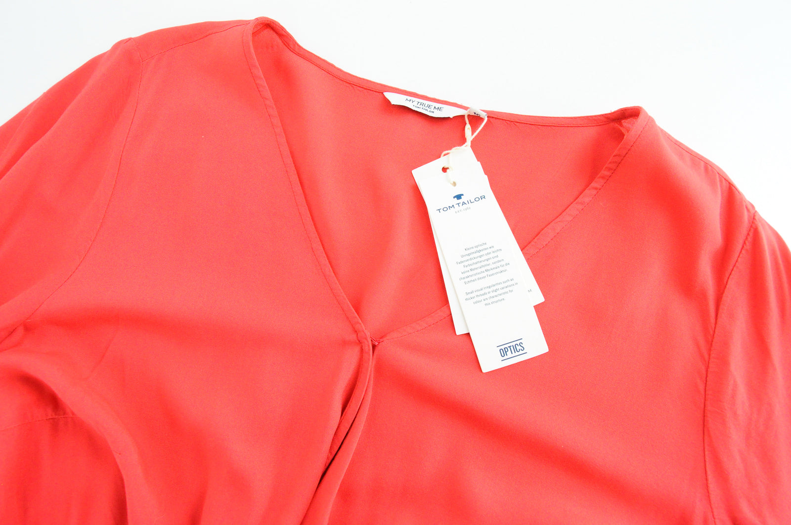 TOM TAILOR Women Blouse 48 Coral Red Wrap V-Neck Belted 3/4 Sleeve Lightweight