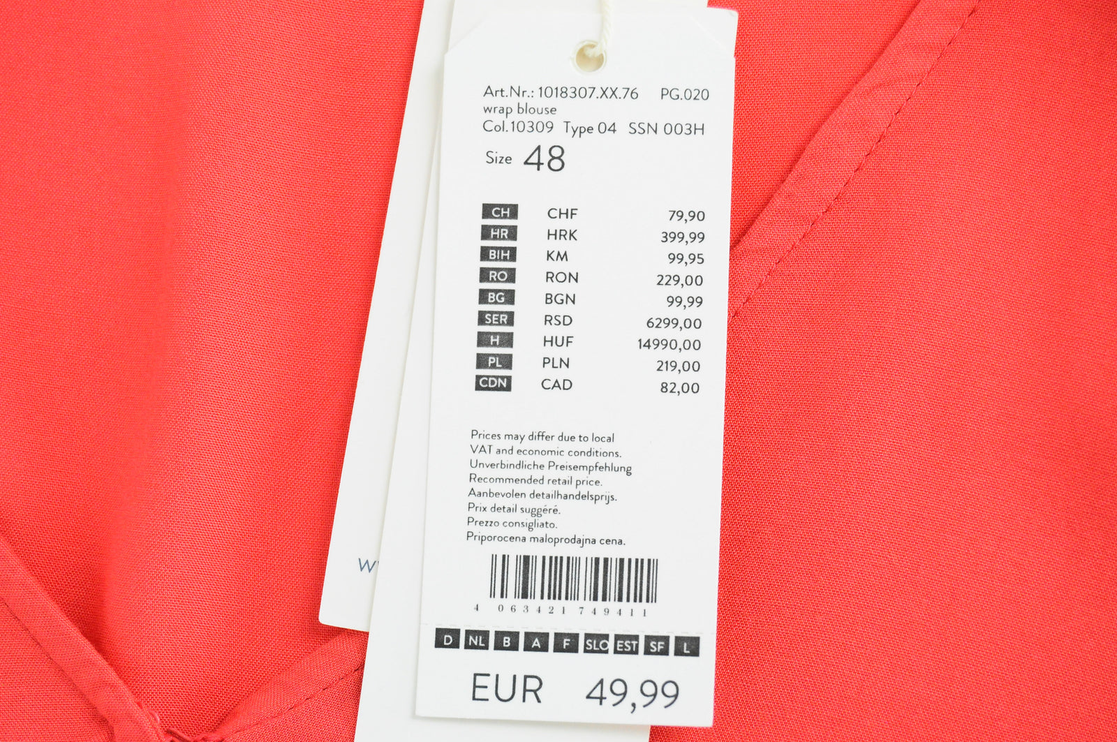 TOM TAILOR Women Blouse 48 Coral Red Wrap V-Neck Belted 3/4 Sleeve Lightweight