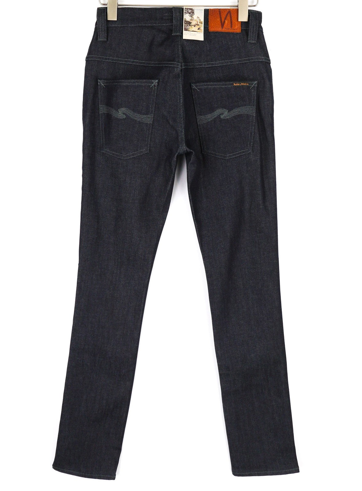 NUDIE Thin Finn Men Jeans W30/L34 Organic Dry Dark Zipper Denim Blue Dark Logo