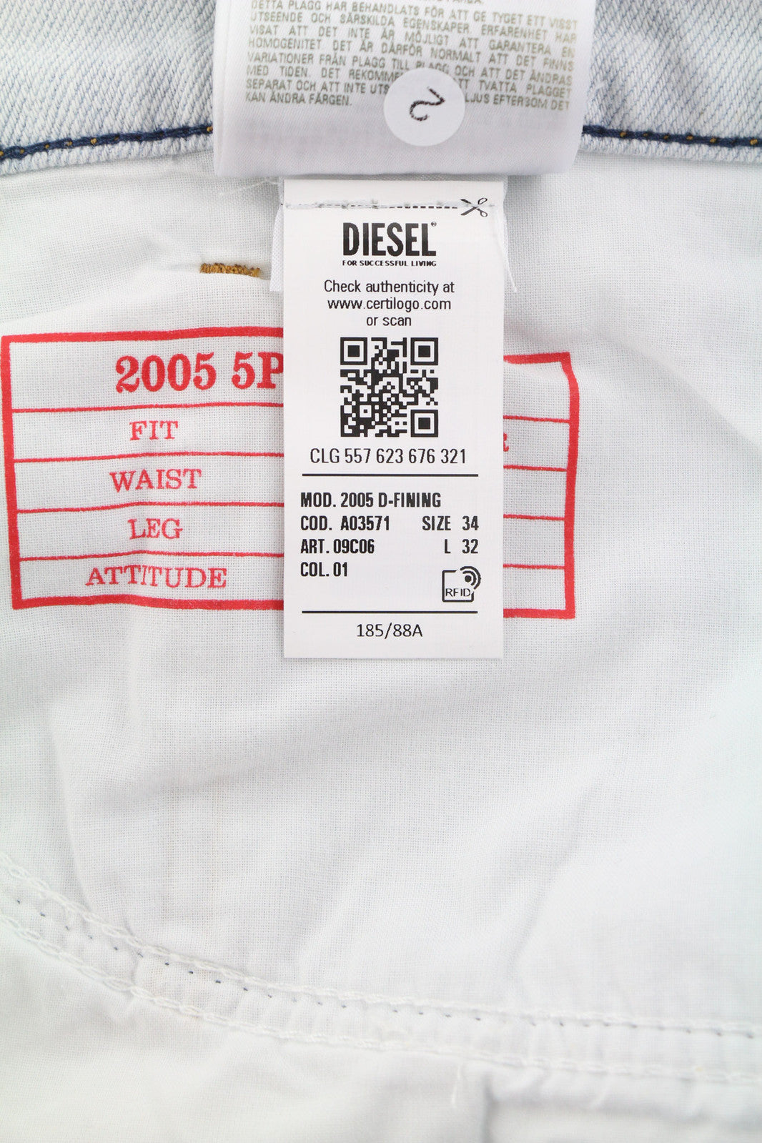 DIESEL 2005 D-Fining 09C06 Men Jeans W34/L32 Regular Fit Tapered Leg Mid Waist