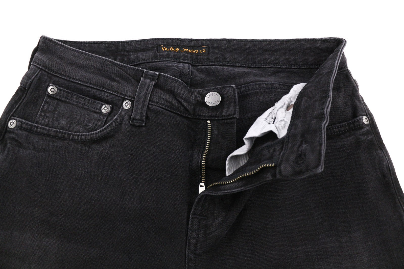 NUDIE Skinny Lin Men Jeans W30/L32 Used Black Organic Washed Zip Fly Logo Dark