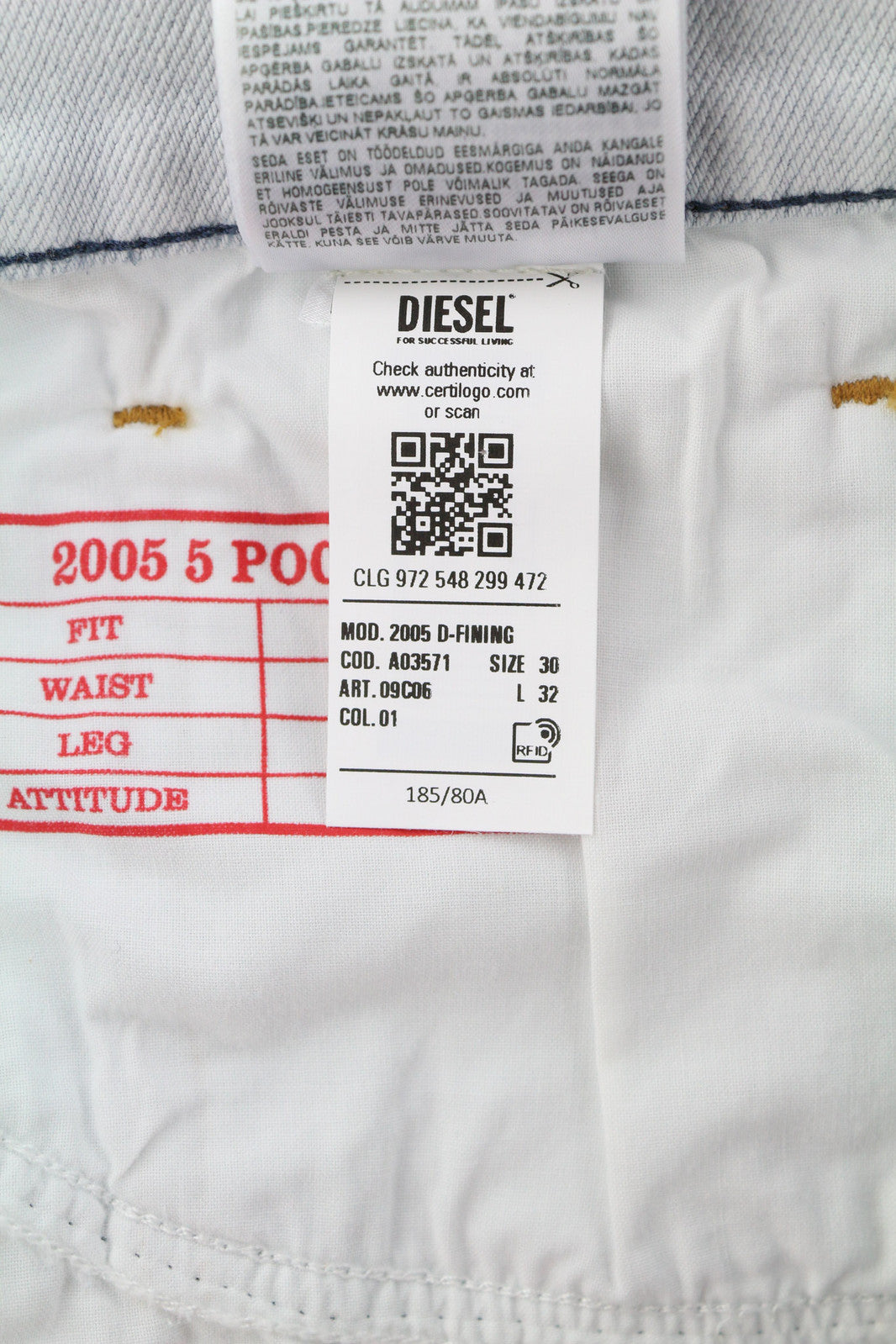 DIESEL 2005 D-Fining 09C06 Men Jeans W30/L32 Regular Fit Tapered Leg Mid Waist