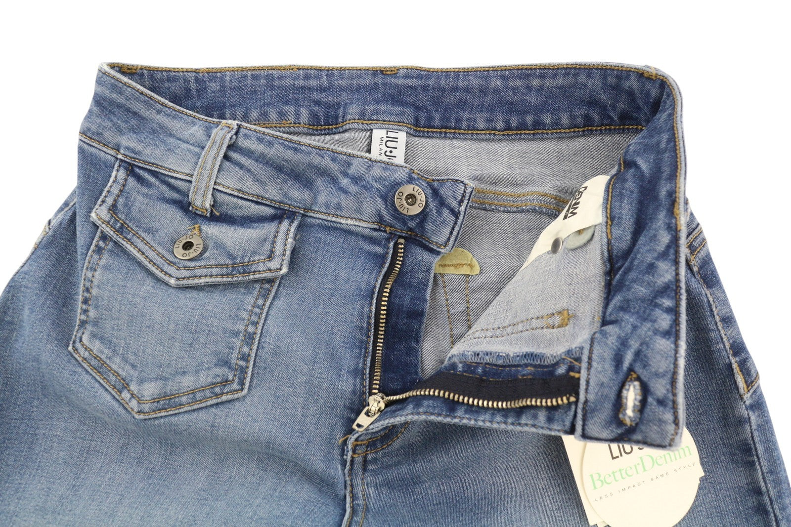 LIU JO Flare Pock Women Jeans W28 High Waist Wide Leg Washed Denim Blue Logo