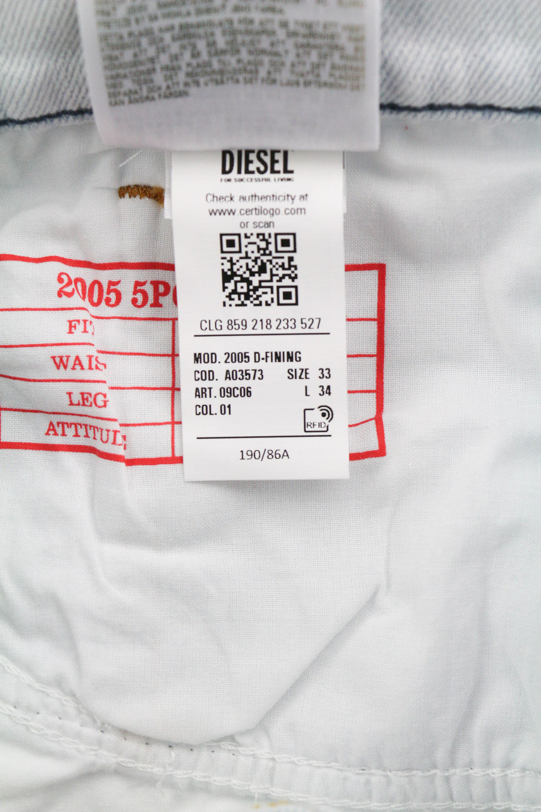 DIESEL 2005 D-Fining 09C06 Men Jeans W33/L34 Regular Fit Tapered Leg Mid Waist