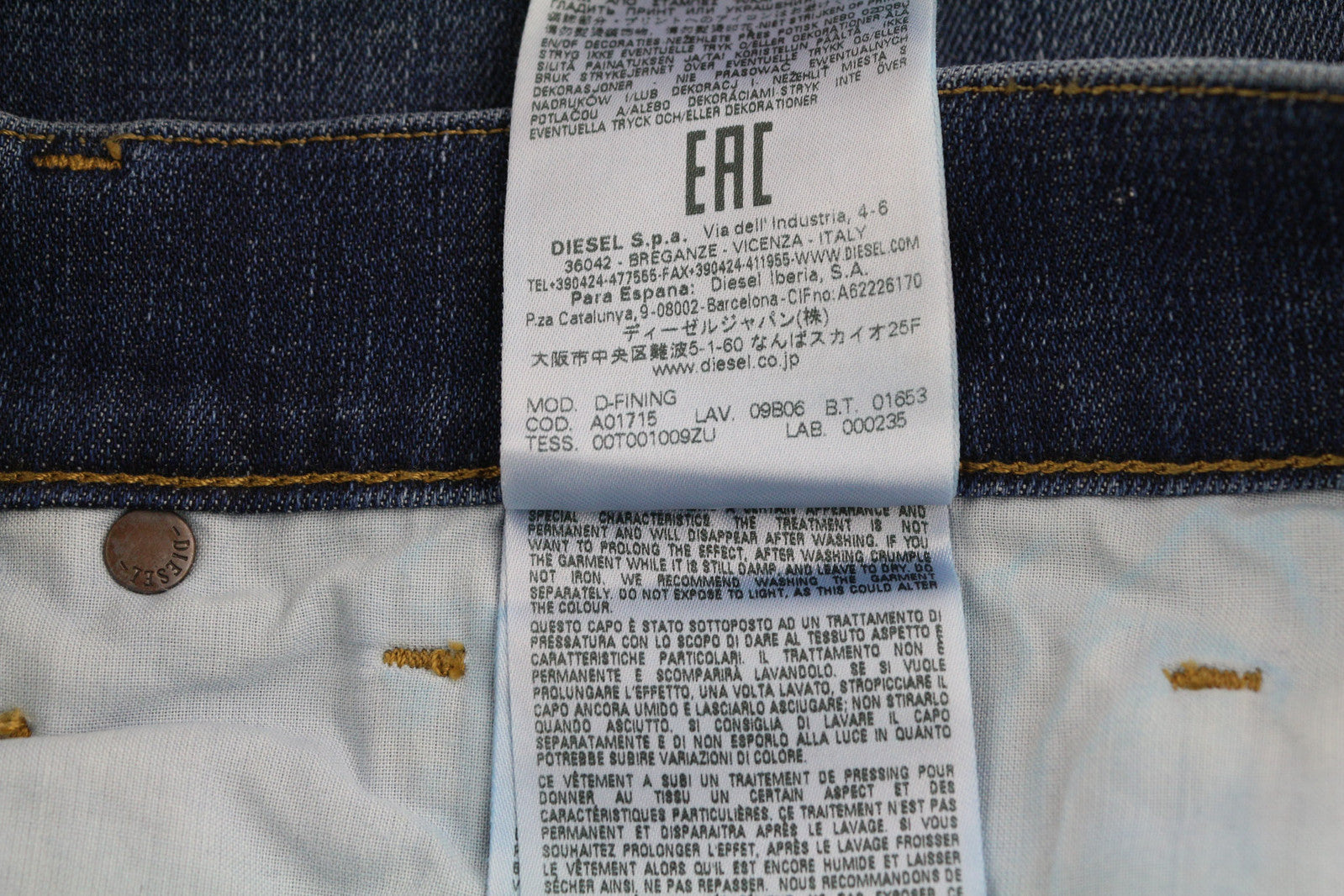 DIESEL D-Fining 09B06 Men's Jeans W31/L34 Tapered Stretch Buttoned Washed Denim