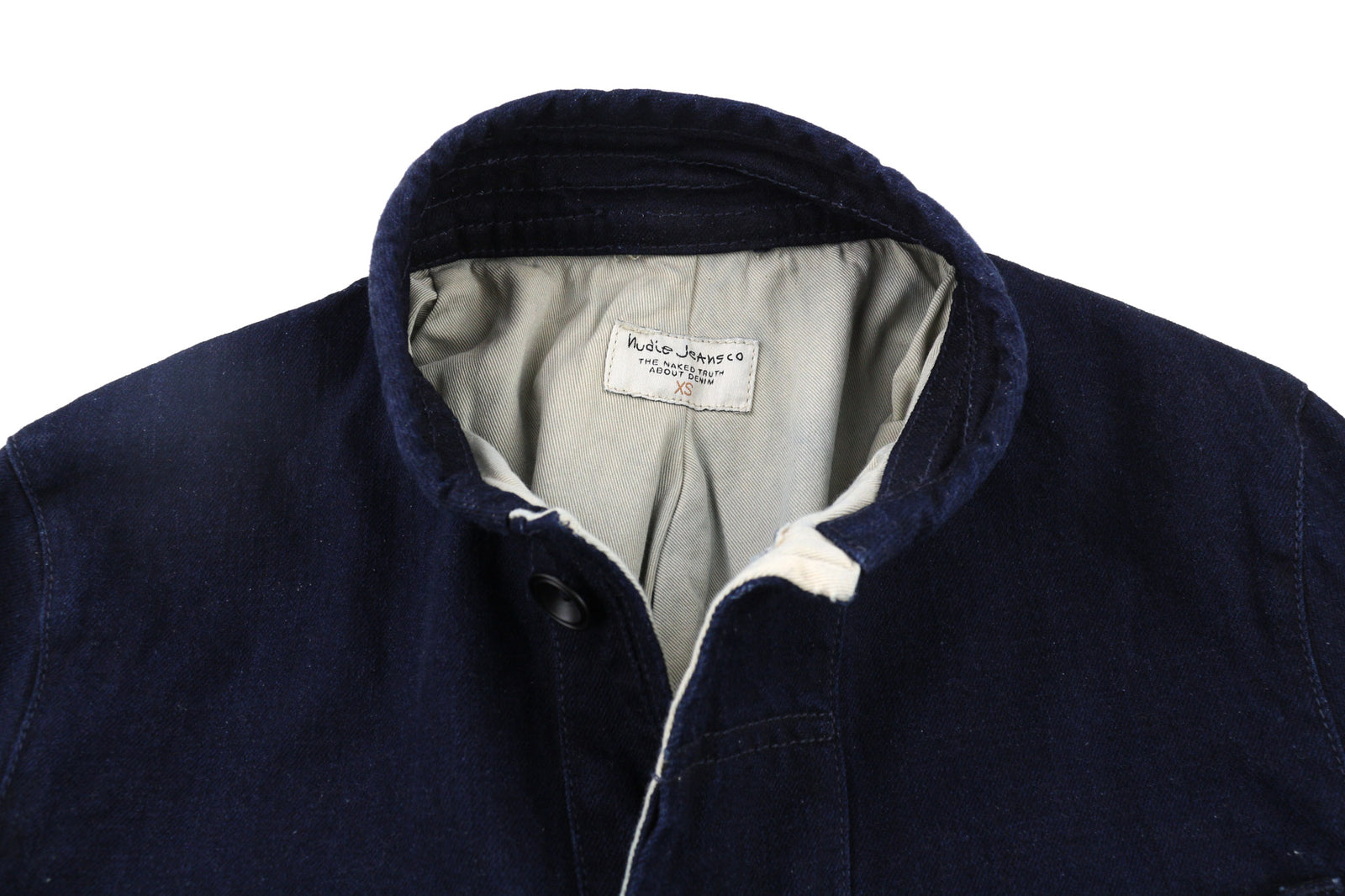 NUDIE JEANS Julius Men Jacket XS Organic Core Blue Buttoned Pockets Lined Logo