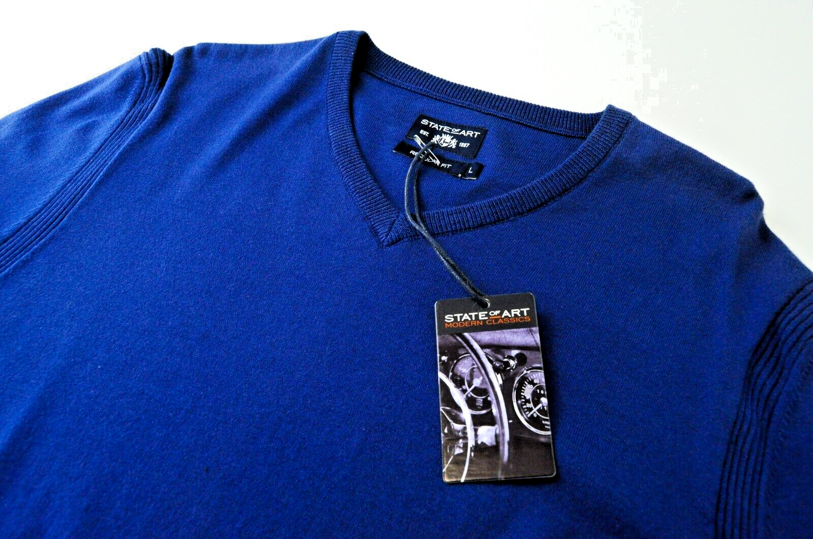 STATE OF ART Mens Sweatshirt L Blue V-Neck Long Sleeve  Cotton Pullover