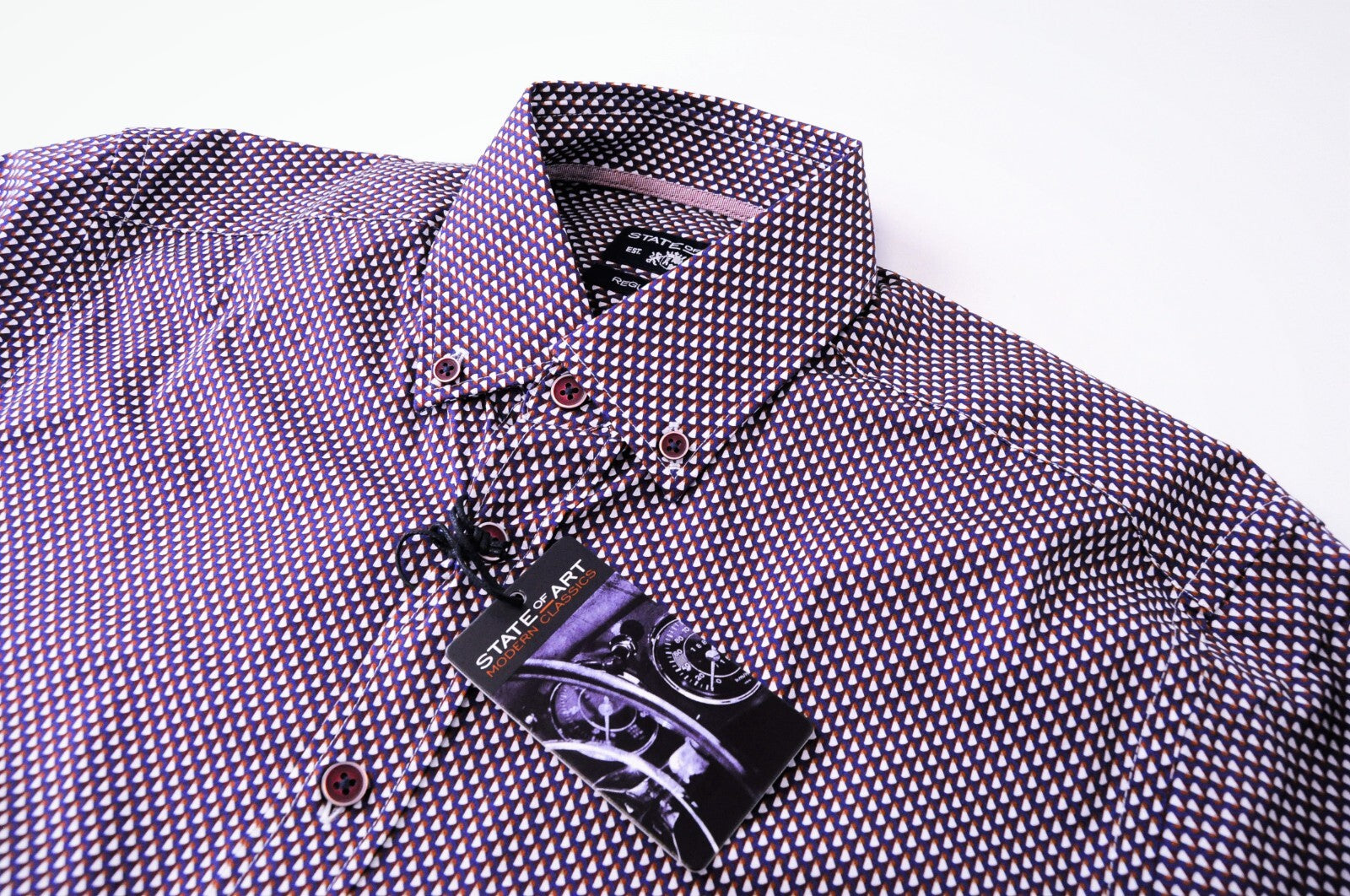 STATE OF ART Mens Shirt S Navy Stretchy Cotton Button-Up Long Sleeve Patterned